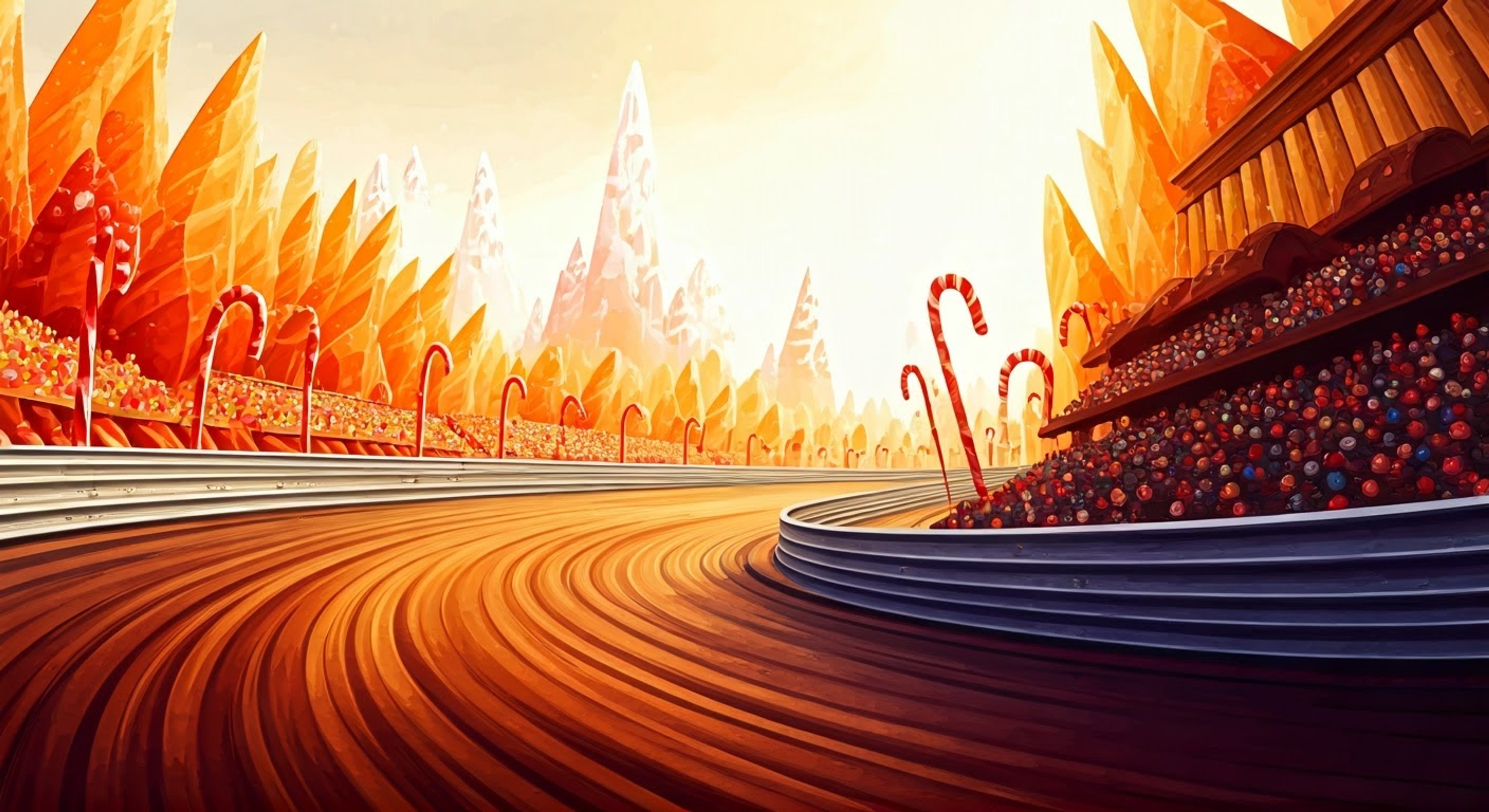 You meet Taffyta Muttonfudge at the starting line of the most treacherous track in Sugar Rush, accepting her challenge to race through the twisting candy cane forest and across the chocolate lake for ultimate racing glory. The stakes are high as you aim to prove yourself against Sugar Rush's second best racer. The crowds gather to watch this epic showdown between two skilled racers.