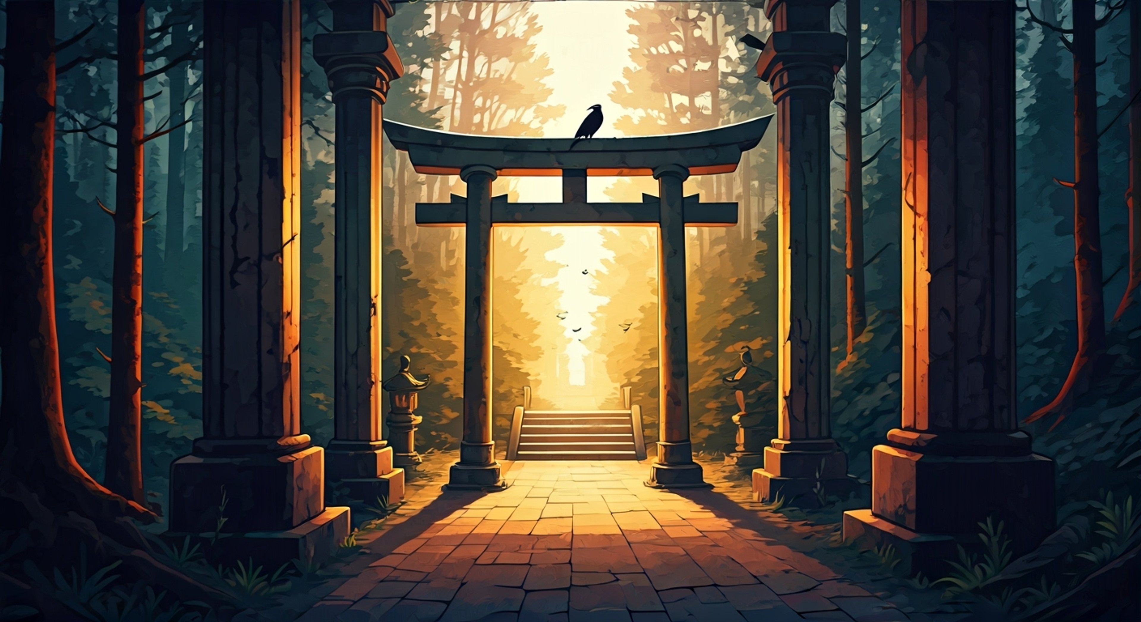 You find yourself alone in a dimly lit temple clearing, the air thick with anticipation. The presence of Itachi Uchiha looms before you, his Sharingan eyes piercing through the shadows. His crows circle overhead as tension builds between two skilled shinobi preparing to clash.