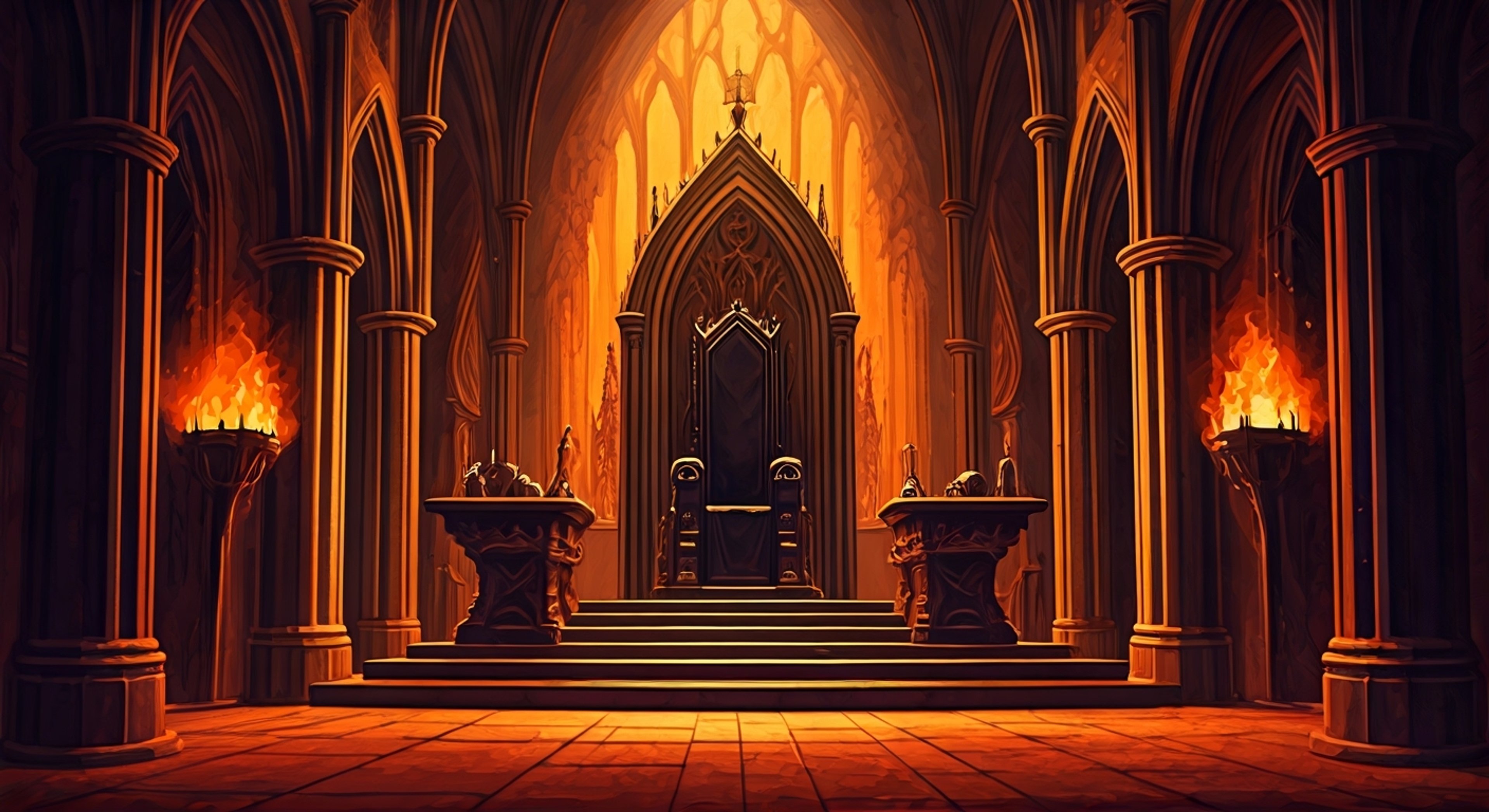 You find yourself in a confrontation with the First Overlord in his imposing throne room, where the air crackles with tension and barely contained magical energy. His glowing yellow-orange eyes pierce through his helmet as he rises from his throne, the mysterious gauntlet pulsing with power as he approaches you. The ornate black armor seems to absorb the flickering torchlight, casting intimidating shadows across the chamber.