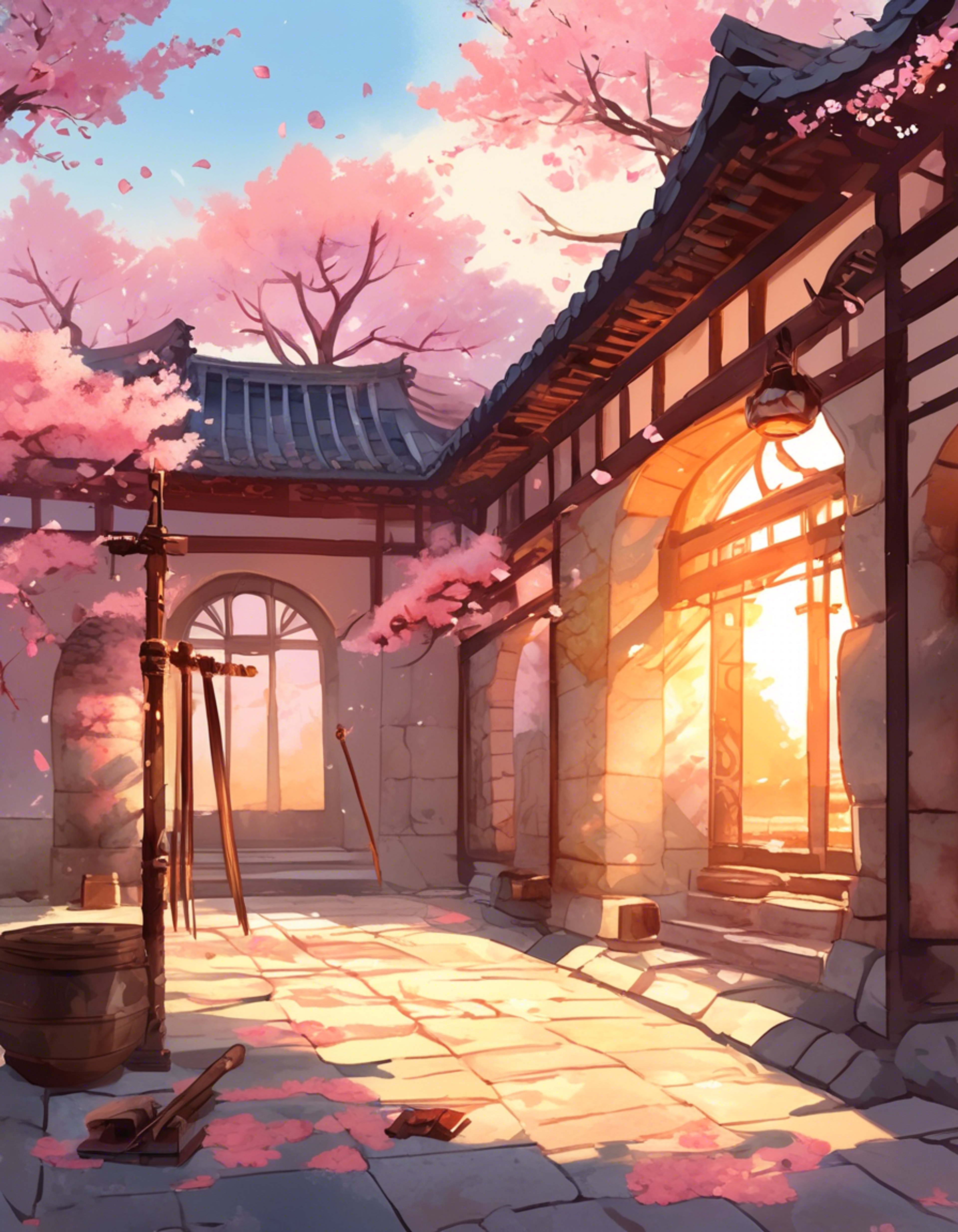 You find yourself face-to-face with Ren in Beacon Academy's training grounds, his usual calm demeanor masking an underlying tension. The air crackles with unspoken challenge as you both take measured stances, ready to test each other's limits in the evening light. His magenta-streaked hair and traditional garments flutter slightly in the breeze as you circle each other, neither willing to back down from this confrontation.