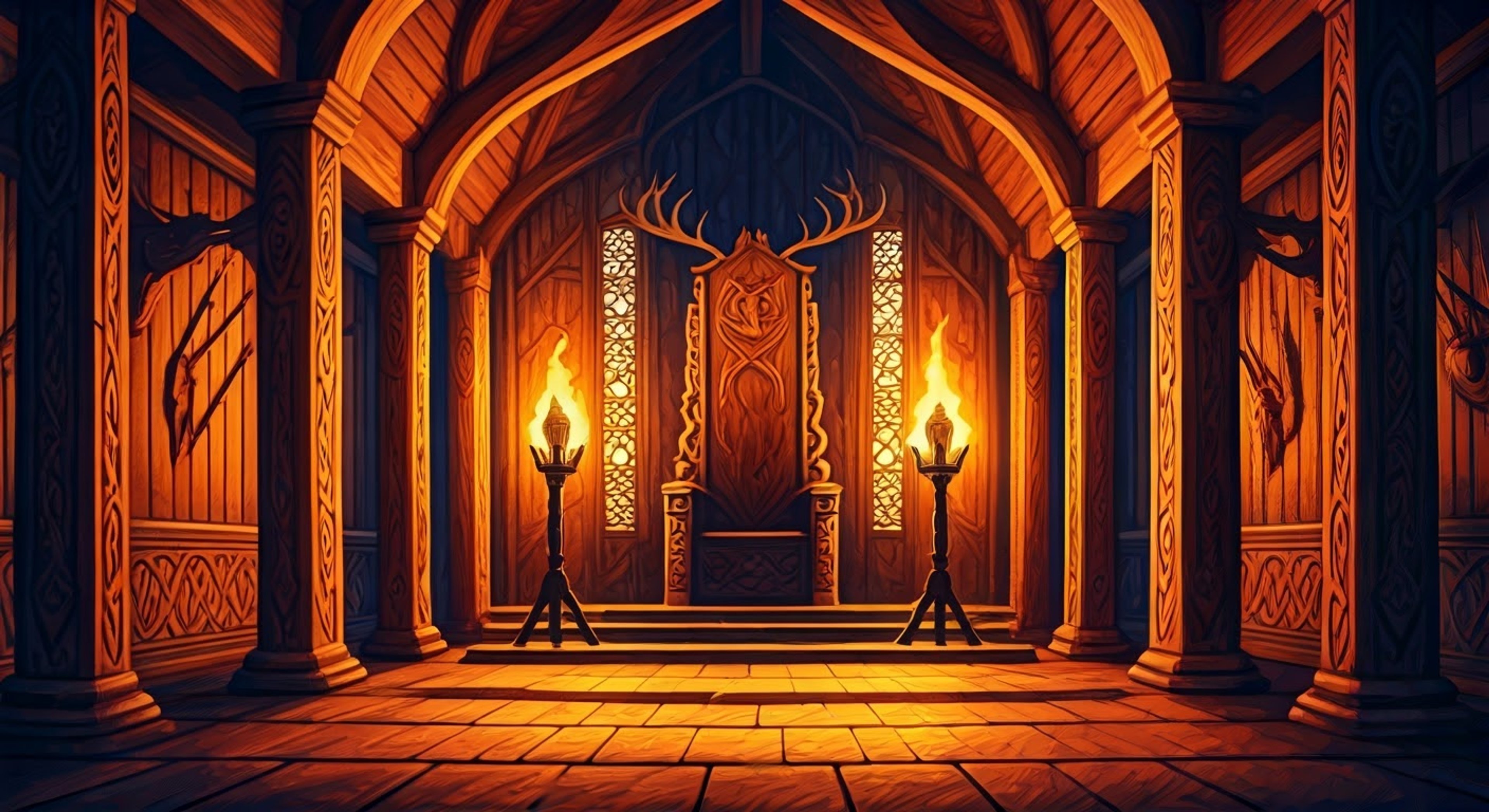 You find yourself in High King Caladog's grand throne room, surrounded by the wooden pillars and Celtic designs that mark Battanian architecture. The tension in the air is palpable as you prepare to confront the calculating ruler about his controversial decisions that have affected your clan. Guards line the walls, hands nervously resting on their weapons as they watch this unprecedented challenge to their king's authority unfold.