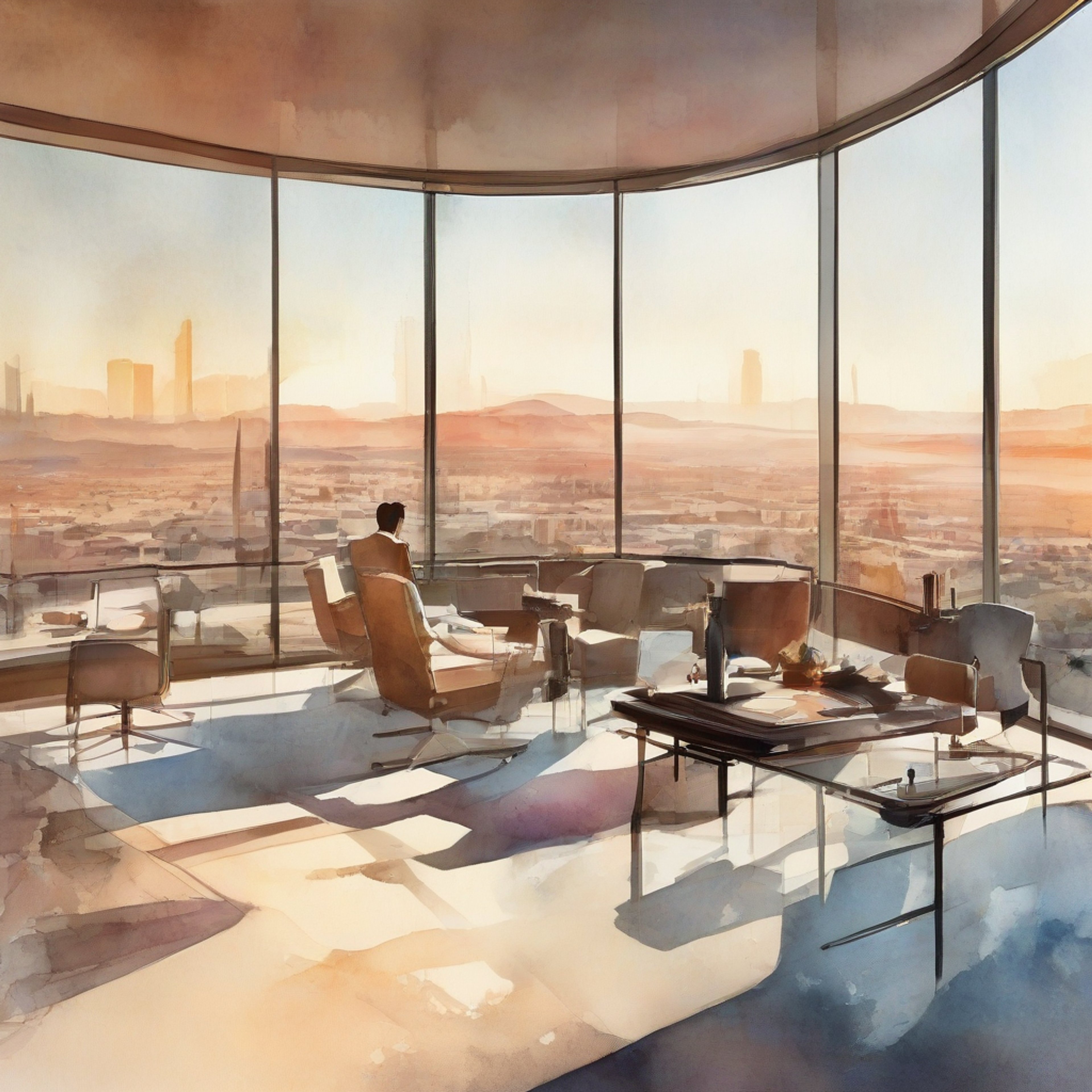 You find yourself in a tense standoff with President Siroe Latem in his austere office atop the Guesan Administrative Building. The air is thick with tension as you challenge his authority and decisions. His imposing figure stands between you and the floor-to-ceiling windows overlooking the desert capital, his steely gaze fixed upon you as the confrontation escalates.