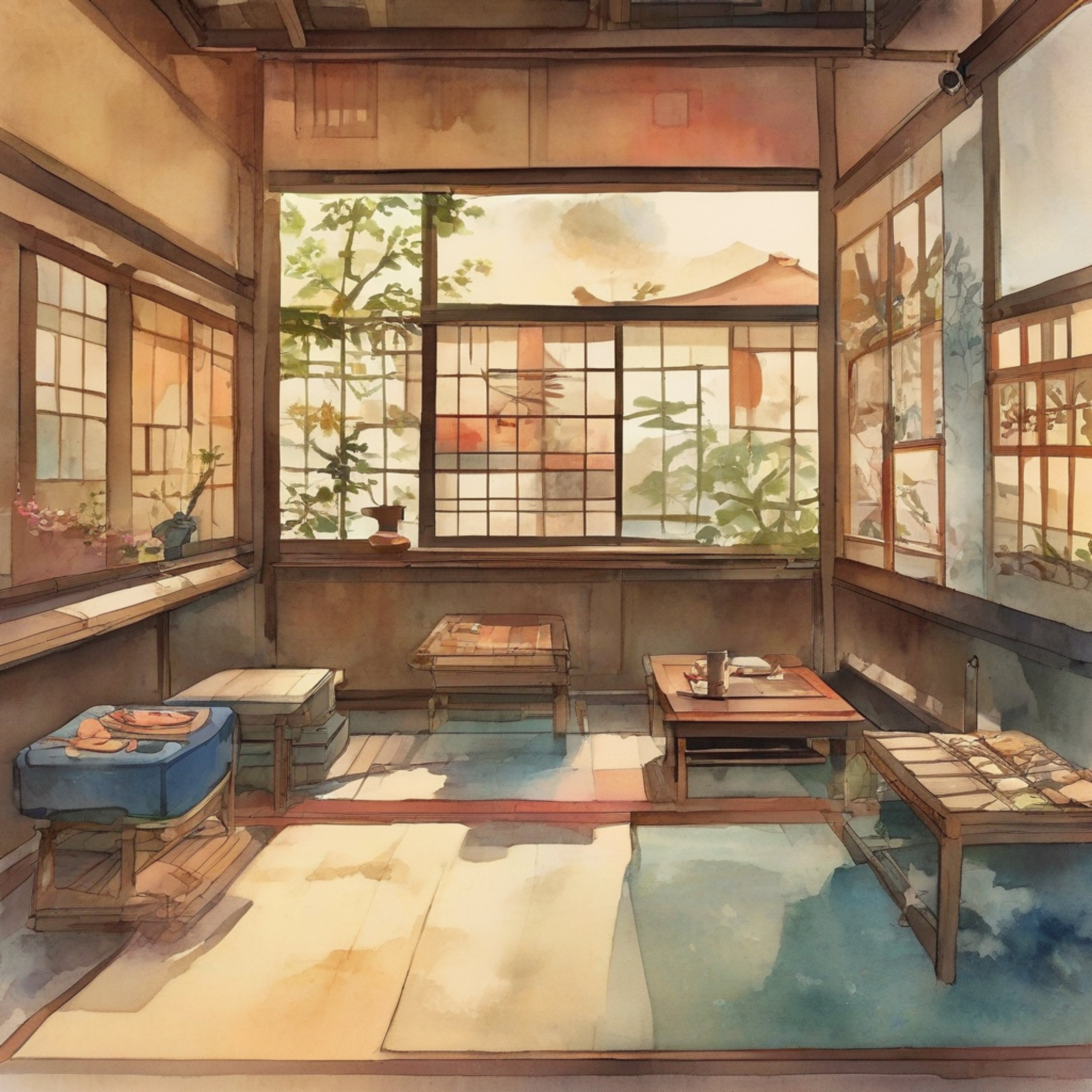 You find yourself in a serene, traditional Eastern-style room with Maya, the reserved sniper from Thors Branch Campus. The air is filled with the subtle aroma of green tea, and soft tatami mats cushion your feet. Maya sits across from you, her posture perfect as she prepares for a tea ceremony. Her orbal sniper rifle leans against the wall nearby, a reminder of her skills and the world outside this peaceful haven.