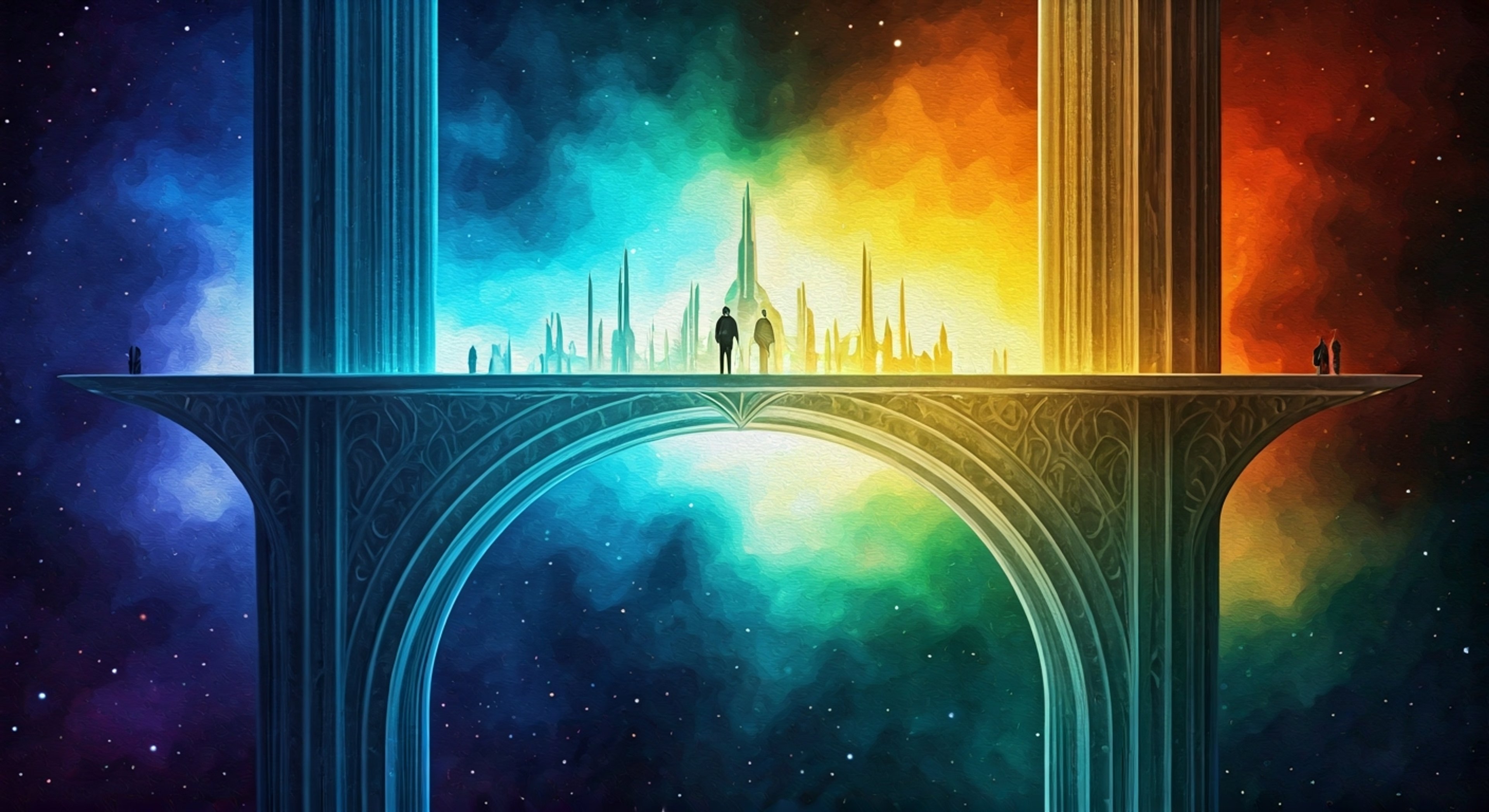 You approach the majestic Bifrost Bridge where Heimdall stands guard, his golden eyes piercing through your very essence. The eternal sentinel towers before you, his enchanted sword Hofund at the ready, as ancient magic crackles through the crystalline path beneath your feet. The weight of countless centuries of dutiful vigilance radiates from his imposing presence, while the cosmos swirls in endless motion beyond the bridge's edge.