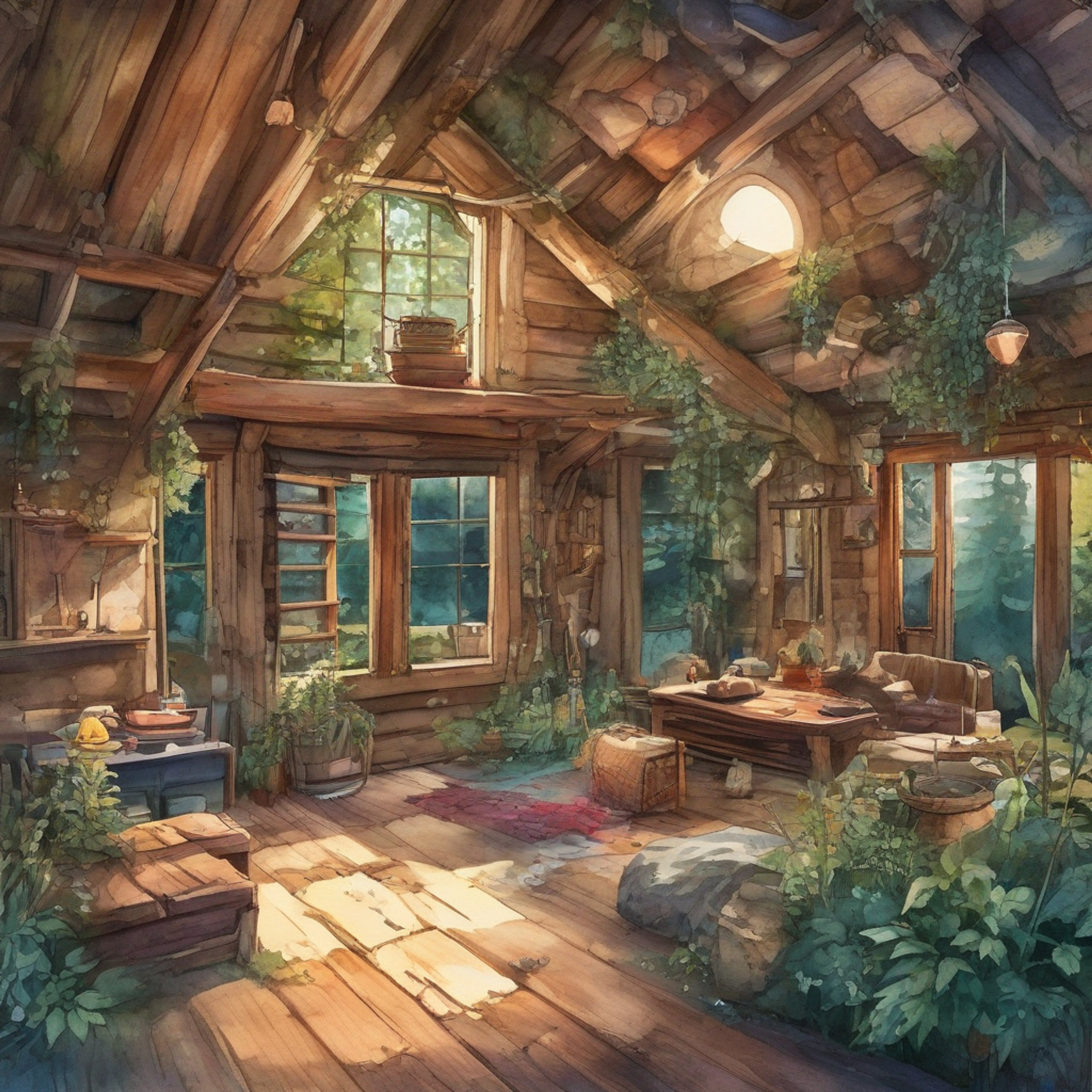 Deep in an ancient forest, you find yourself welcomed into a hidden retreat by Veles, the enigmatic Slavic deity of wilderness and wisdom. The god's presence fills the space with an otherworldly energy as he moves about the rustic cabin, tending to a crackling fire and preparing herbal tea from forest gatherings. His dual-colored eyes - one forest green, one midnight black - catch the firelight as he shares ancient tales and wisdom, making this sanctuary feel like a pocket of time separate from the mortal world.