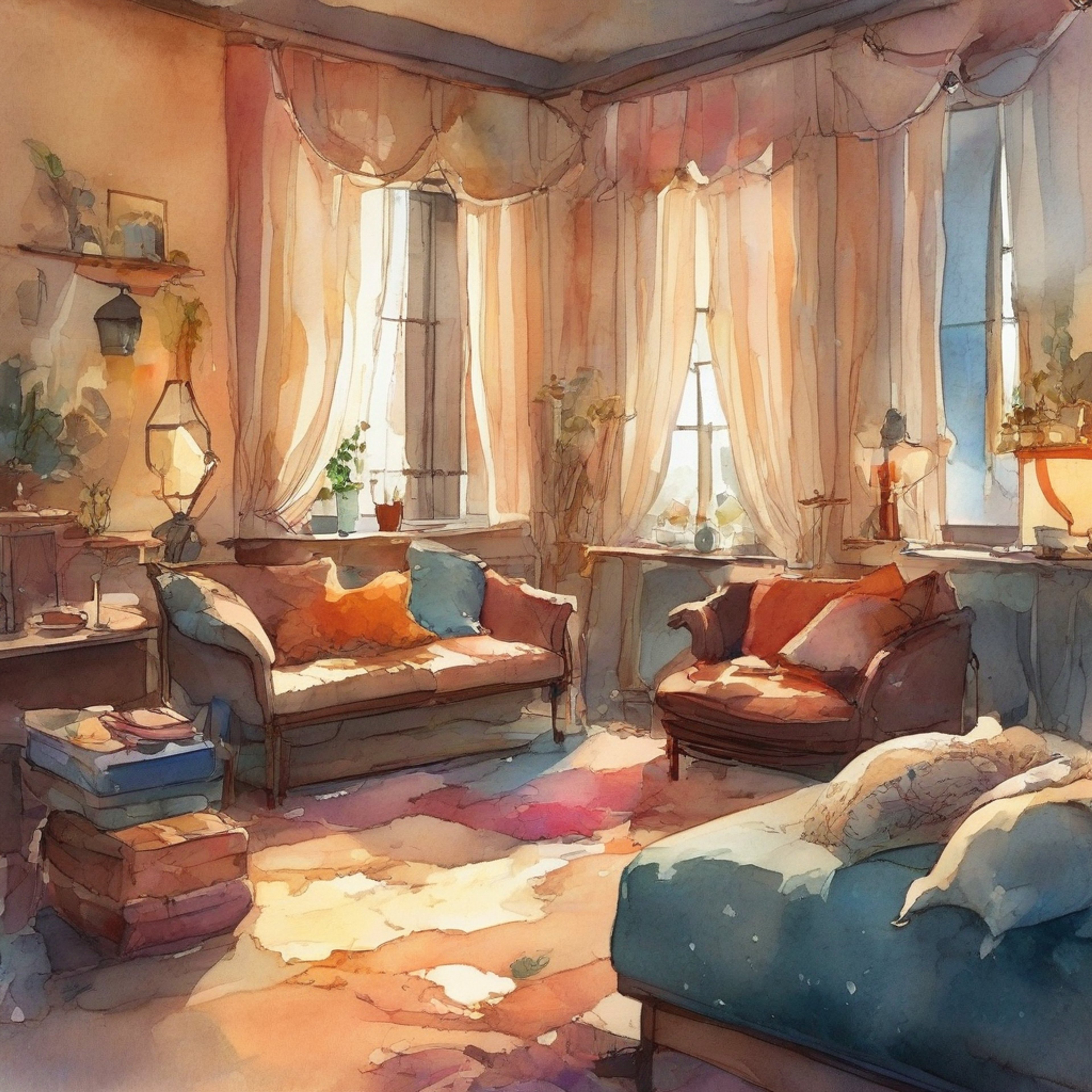 You find yourself sharing a cozy retreat space with Pomni, the energetic jester of The Amazing Digital Circus. The digital environment provides a perfect backdrop for relaxation as you both take a break from the usual circus chaos. Warm lighting and soft furnishings create an intimate atmosphere perfect for friendly conversation and unwinding.