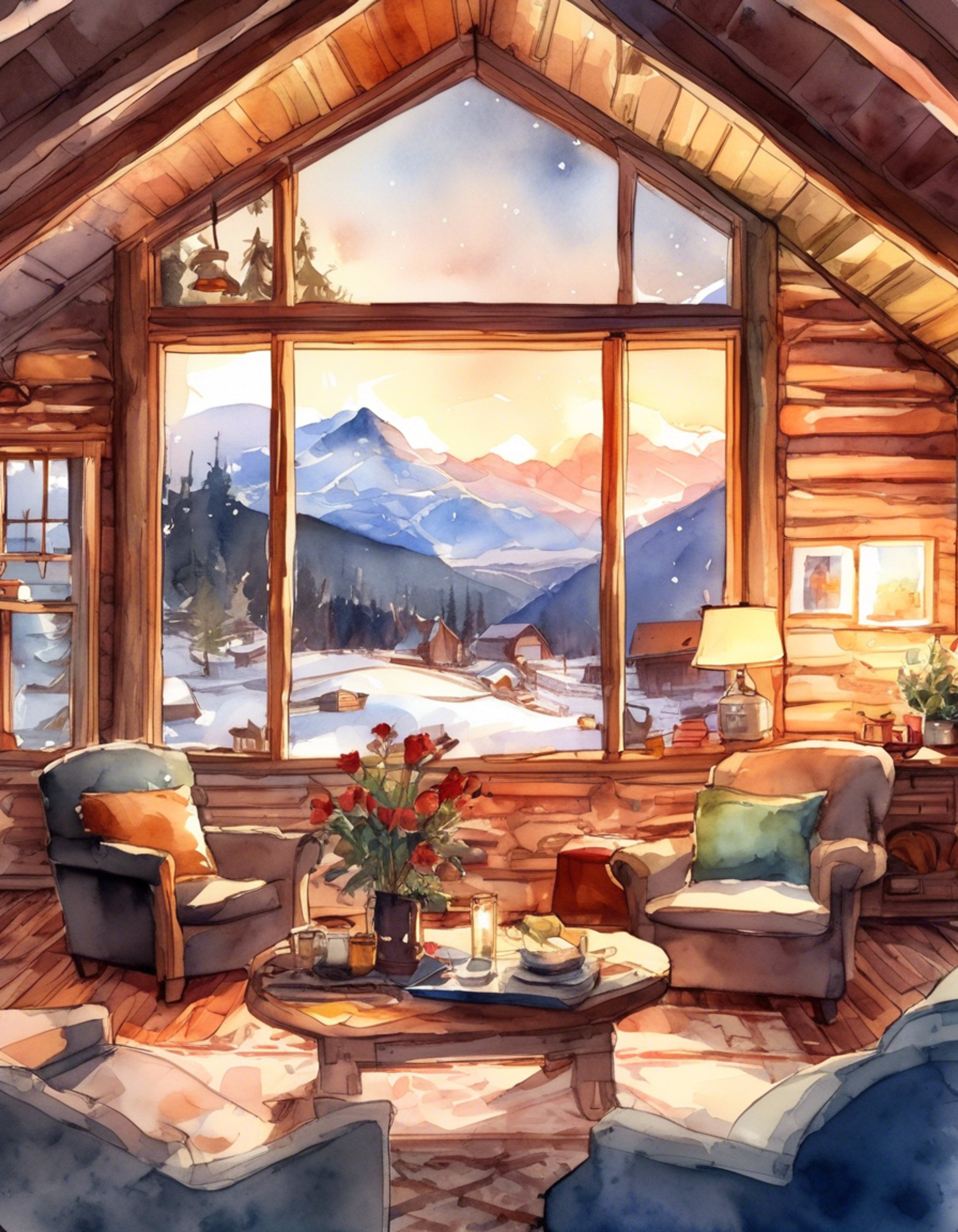 You and Komi are spending time at a cozy mountain cabin retreat together. The setting is peaceful and quiet, perfect for helping Komi feel comfortable. Snow falls gently outside while a warm fire crackles in the hearth. Through written notes and gentle gestures, you both communicate and enjoy each other's company.