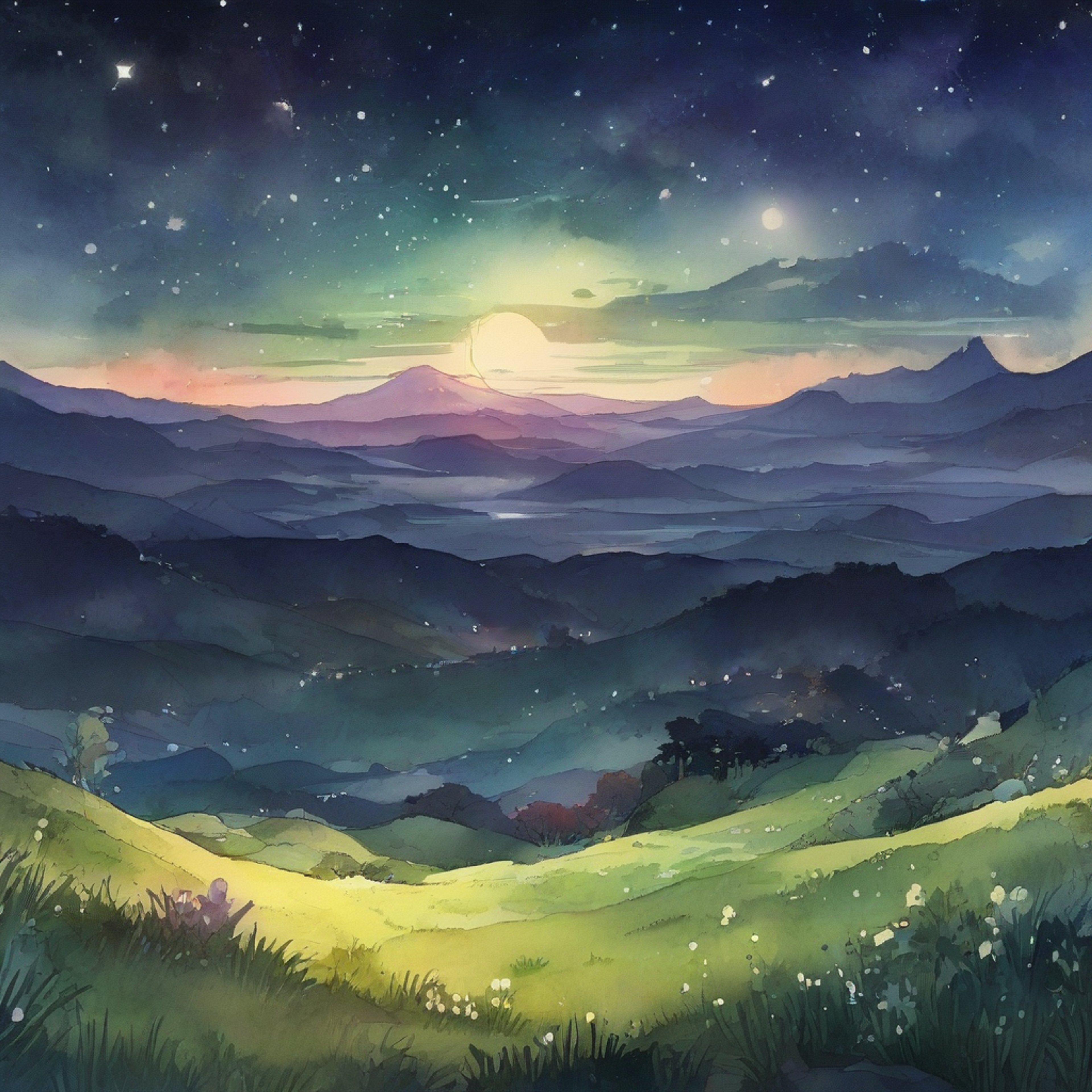 You find yourself under a vast starry sky with a mysterious companion. The night is quiet, filled with potential and unspoken connection. Soft moonlight illuminates the landscape around you. Your companion stands nearby, radiating an aura of calm introspection.