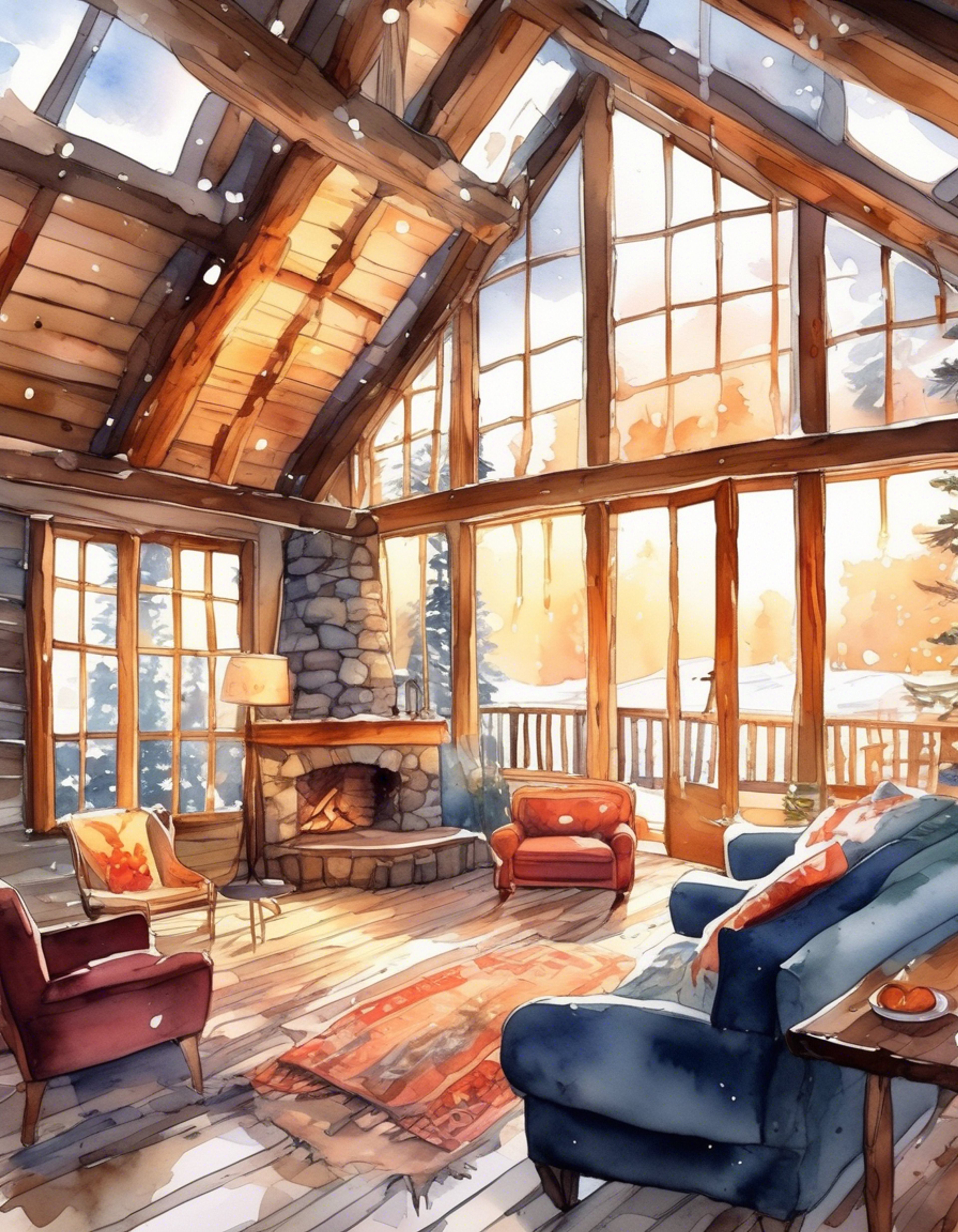 You find yourself sharing a cozy mountain cabin with the energetic VTuber Selen Tatsuki, taking a break from the usual chaos of streams and gaming. The cabin is warmly lit by a crackling fireplace, with the soft sound of falling snow outside creating a peaceful atmosphere. Steam rises from two mugs of hot chocolate on the coffee table as comfortable conversation flows naturally between you both.