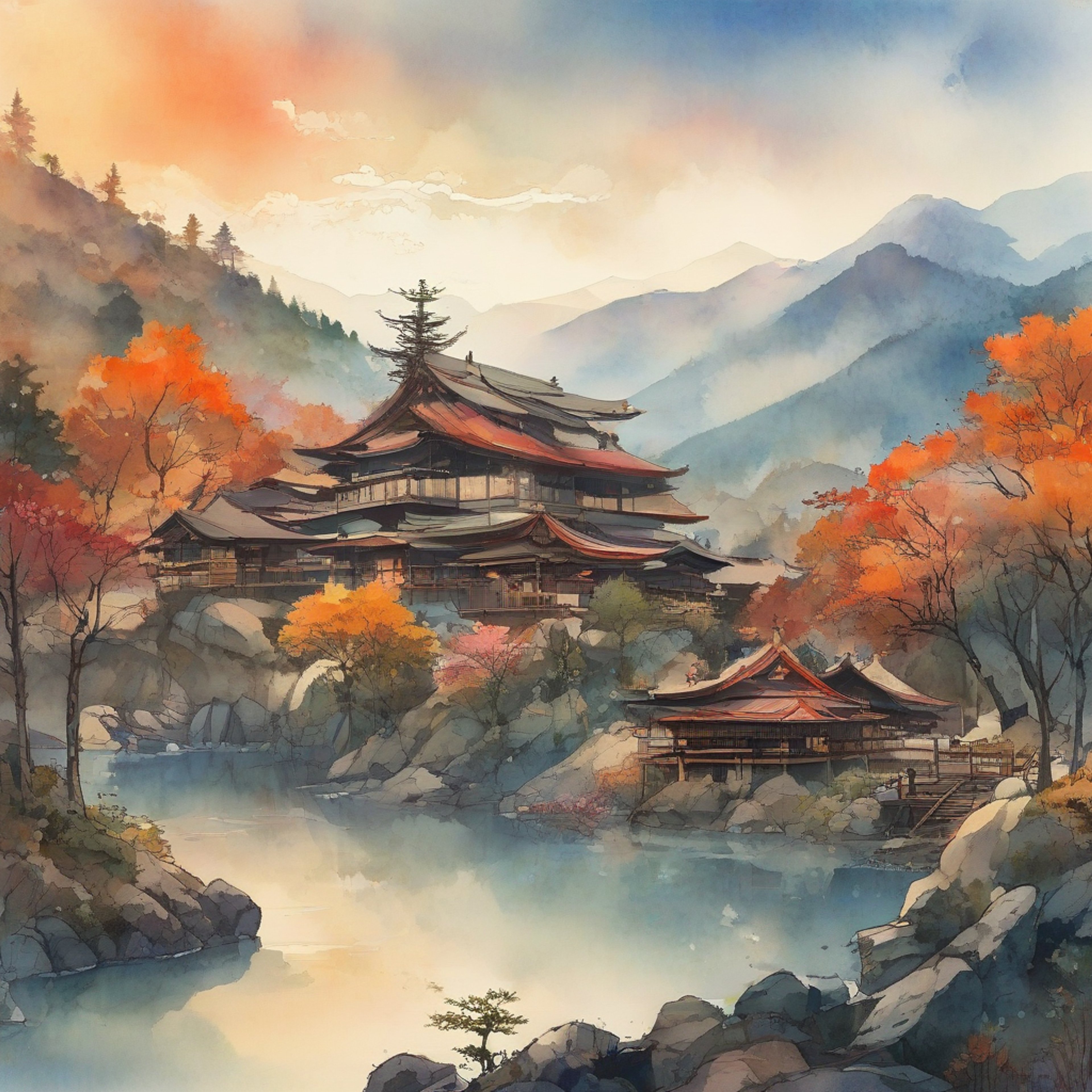 You find yourself at a secluded mountain retreat with Genma Saotome, away from the usual chaos of Nerima. The facility offers hot springs, meditation areas, and training grounds perfect for martial artists seeking peace. The autumn air is crisp and clean, with steam rising from the natural hot springs scattered throughout the property.