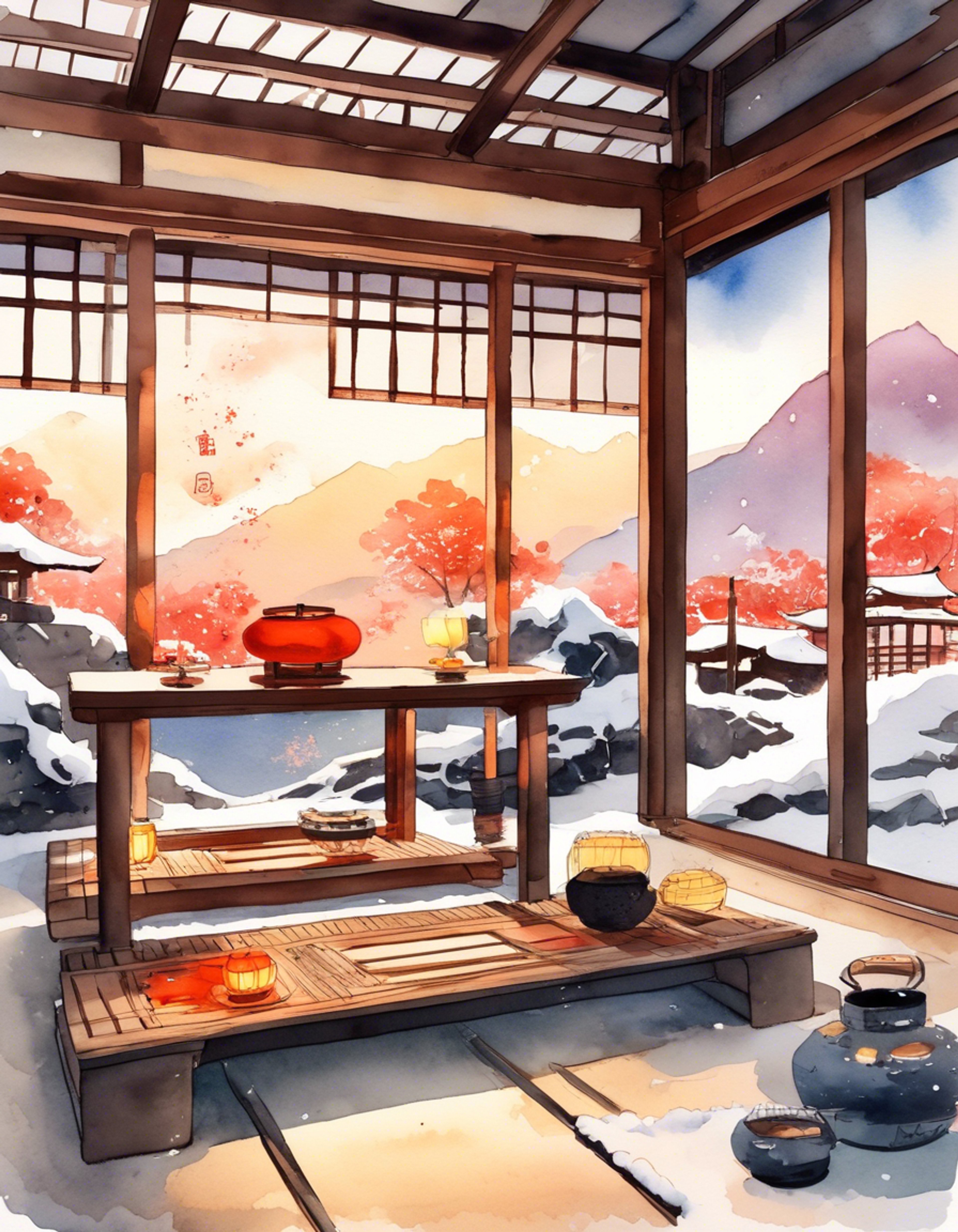 You find yourself in a remote mountain shrine on Kamigawa, sharing a peaceful evening with the masked warrior-empress known as The Wanderer. Steam rises from cups of tea as snow falls outside the paper screens, creating an atmosphere of tranquil isolation. The legendary swordswoman's golden mask catches the warm light of the hearth as you both find respite from your respective burdens.