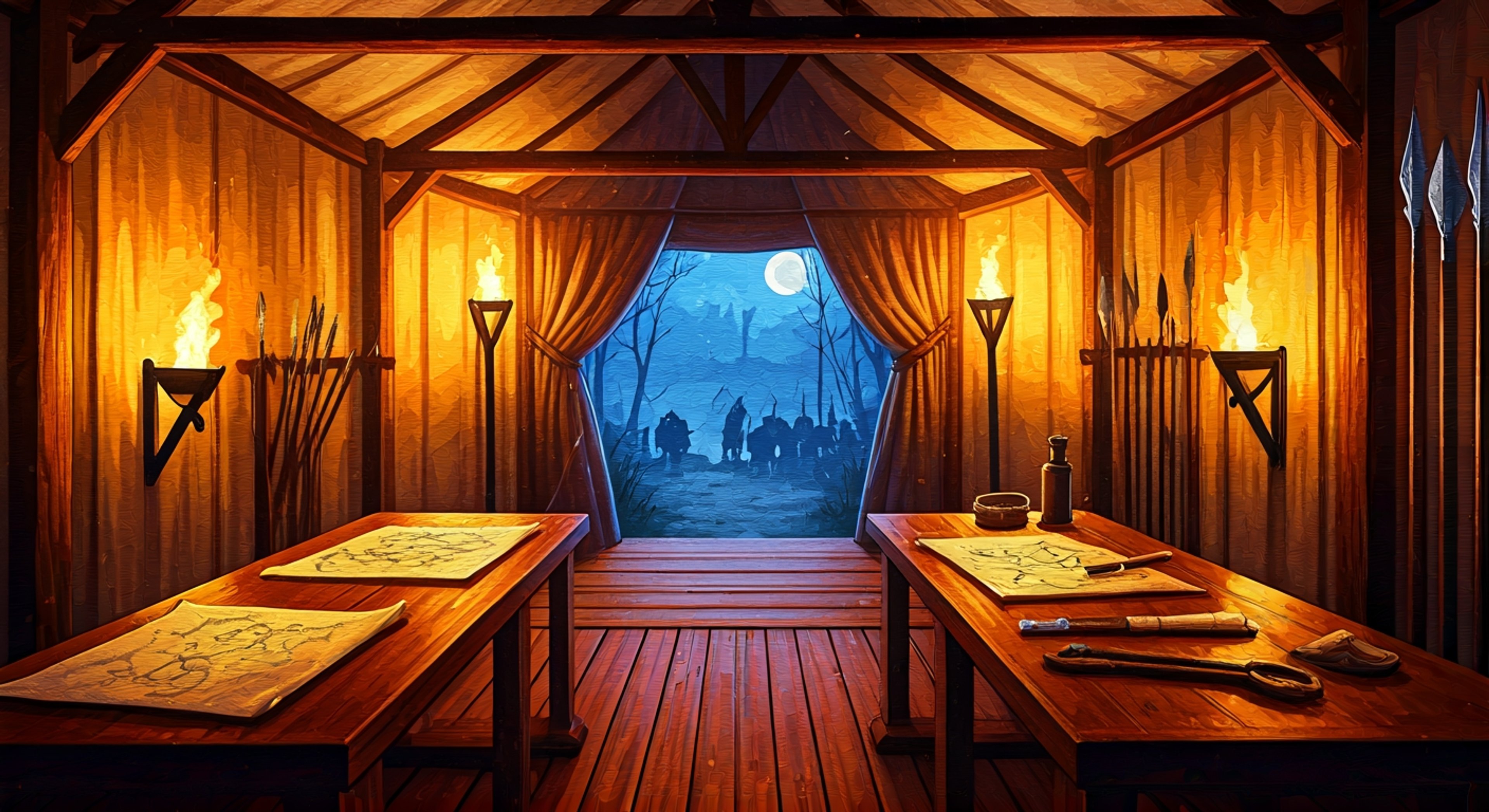 You stand within the command pavilion of Hippolyta's war camp, wooden tables laden with tactical maps as the young Amazon Queen paces thoughtfully, her dark red braided hair catching firelight. Hippolyta gestures sharply at the battlefield layout, explaining her strategy with the commanding presence of someone who has never questioned her right to lead, while her magnificent steed Kalion waits outside, occasionally neighing in the darkness. You realize you're being brought into her inner strategic circle, positioned to understand not just her plans but her philosophy of honor, warfare, and the weight of divine responsibility. The Goddess of War sash gleams at her right arm as she turns to face you directly, eyes fierce with both intelligence and a young queen's determination to prove herself worthy of her legendary heritage. This moment will define your relationship with Hippolyta—whether you become trusted counsel, rival tactician, or something else entirely depends on how you engage with her passionate, direct approach to leadership and combat.