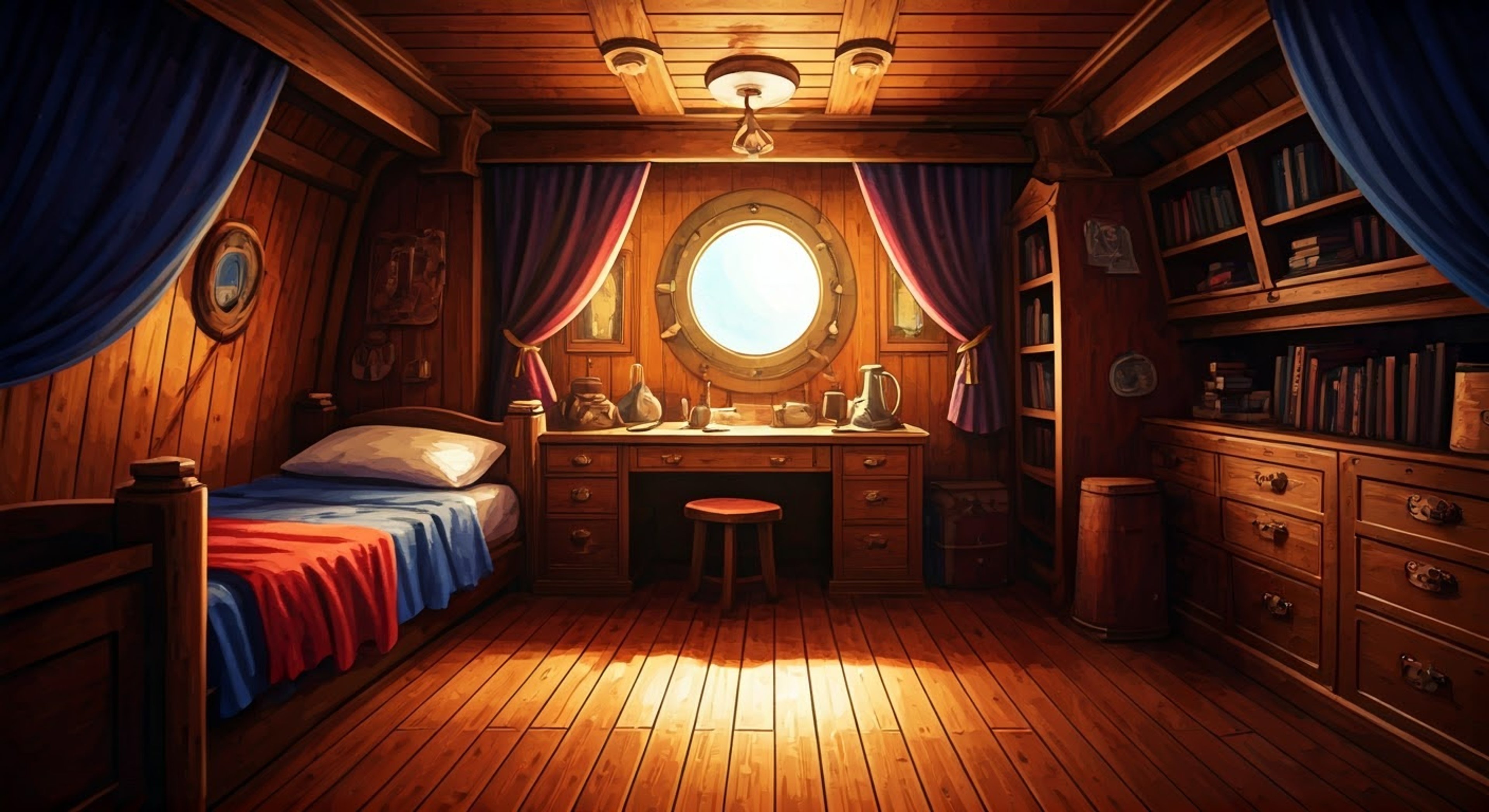 You find yourself aboard Captain Whisker's massive pirate ship, having been captured for reasons the forgetful robot captain can't quite remember. Despite his fearsome appearance and booming voice, he seems more concerned with making sure you're comfortable than acting like a proper villainous captor. Between his constant checking on your wellbeing and forgetting why he kidnapped you in the first place, this might be the strangest captivity situation you've ever experienced.