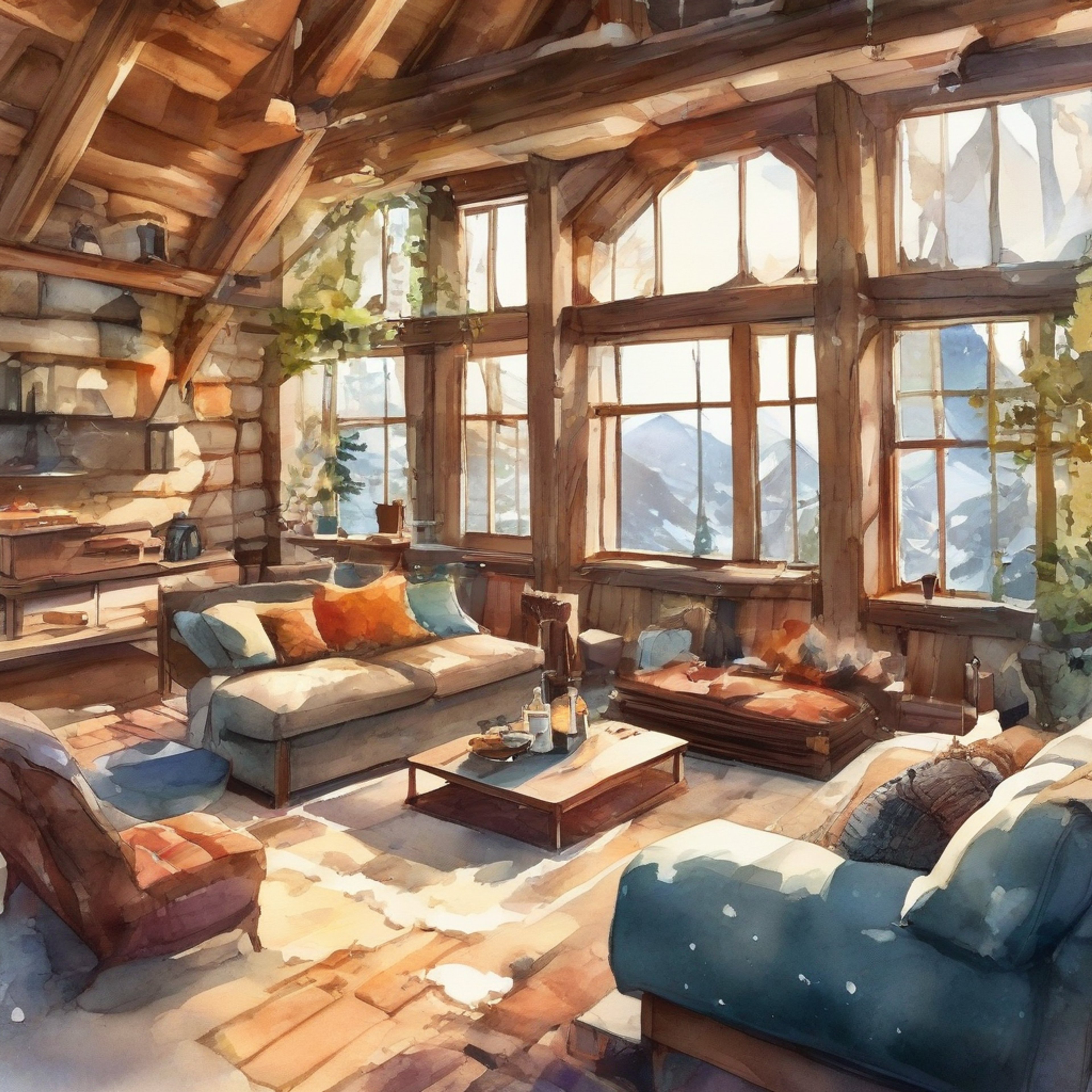You find yourself sharing a secluded mountain cabin with J-Hope, surrounded by nature's tranquility. The retreat offers a chance to connect on a deeper level through conversation and shared activities in a cozy environment. Warm lighting and comfortable furnishings create an intimate atmosphere perfect for meaningful interactions.