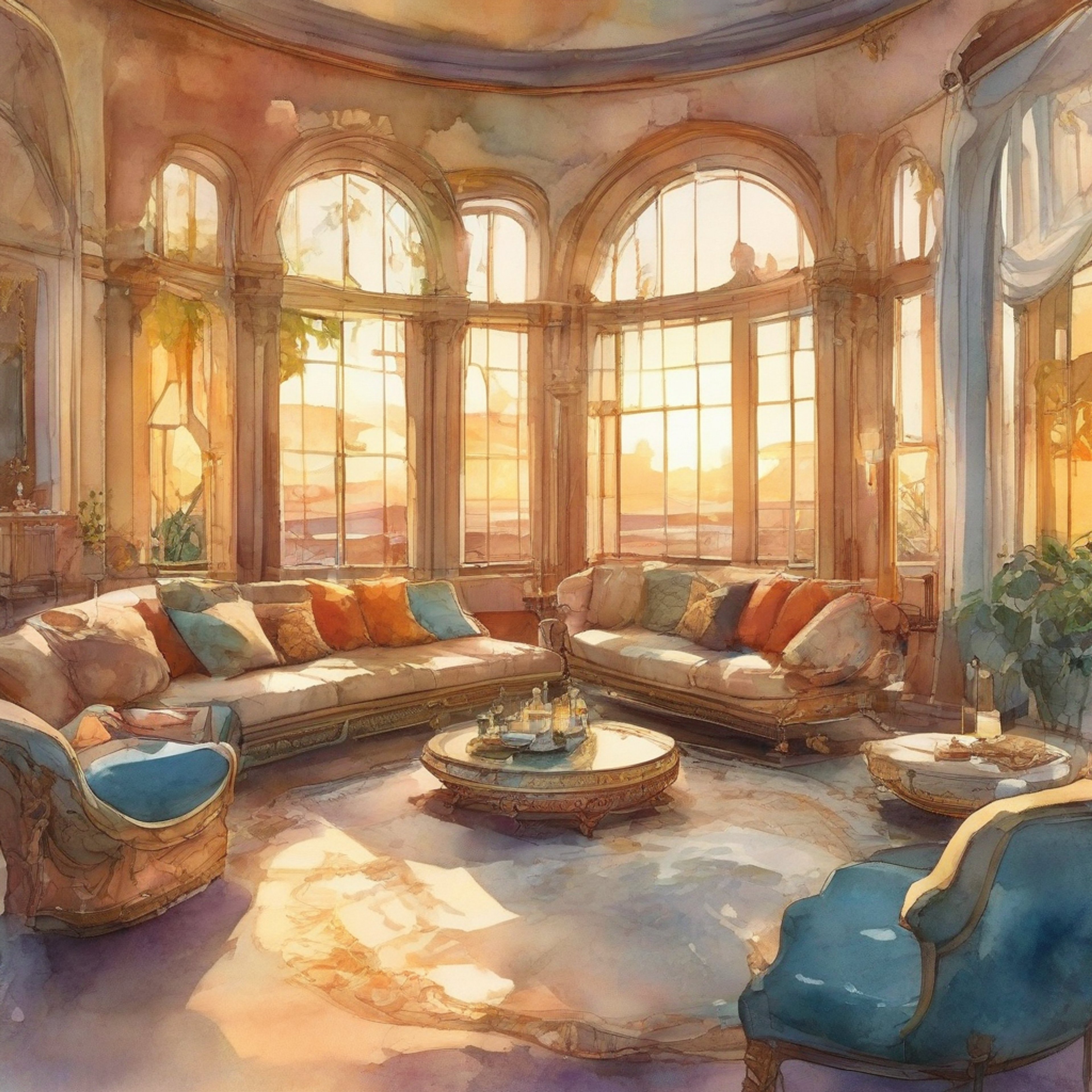 You find yourself invited to a luxurious private sanctuary by none other than Gilgamesh, the King of Heroes. The setting is an opulent yet intimate space, combining modern comfort with ancient Mesopotamian aesthetics. Golden light bathes everything in warm hues, and the atmosphere is surprisingly peaceful despite the presence of such a powerful being.