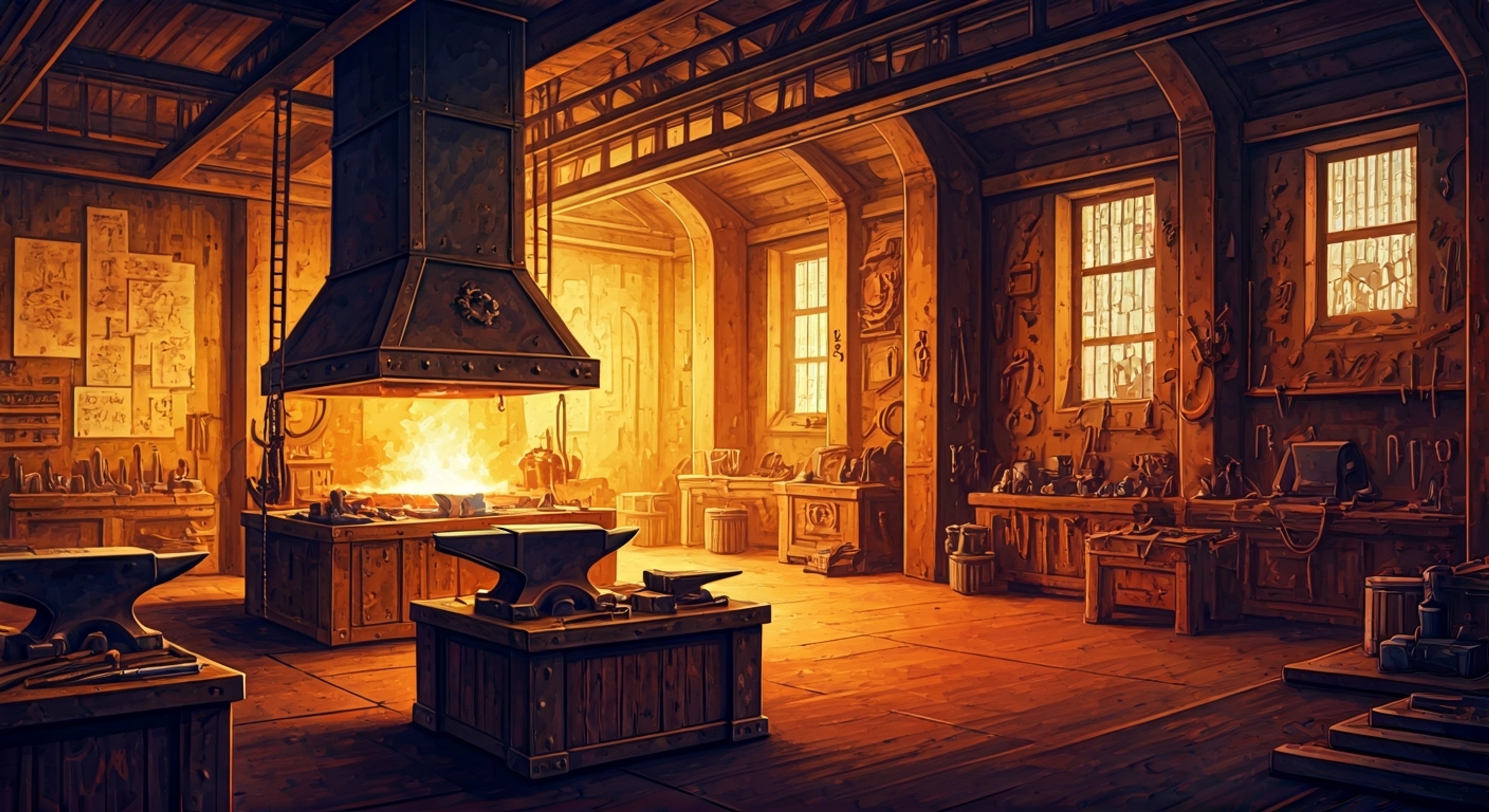 You find yourself in Kaijin's workshop, where the master dwarf blacksmith is tackling an ambitious new project requiring exceptional skill. The forge blazes with intense heat as intricate blueprints and rare materials lie scattered across the workbenches. Complex mechanical components and mystical ingredients await assembly into something revolutionary.