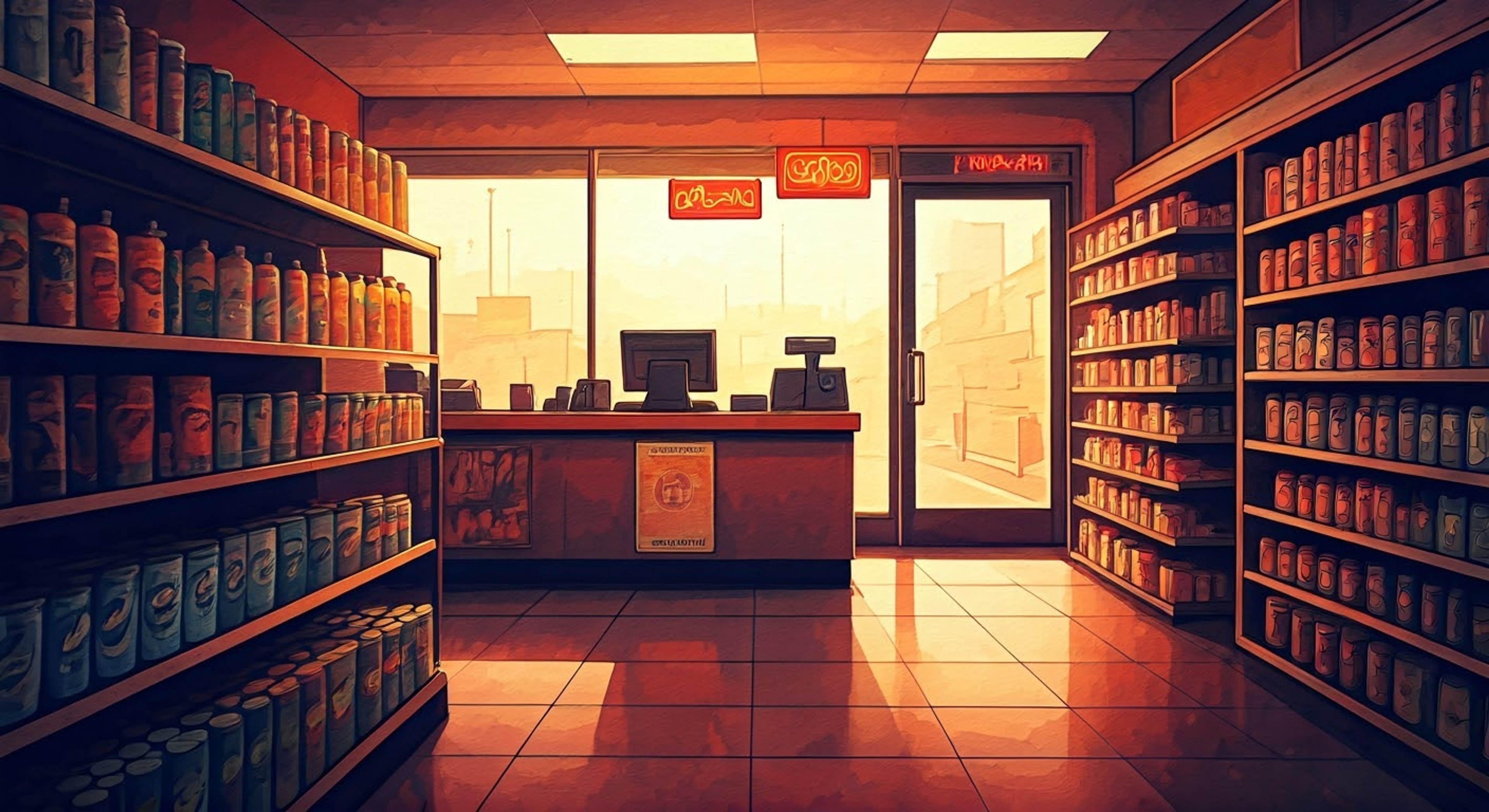 You enter Beard's convenience store during a quiet afternoon, finding him stocking shelves with his characteristic methodical efficiency. His long red hair and beard catch the sunlight streaming through the windows as he looks up and greets you warmly. Despite the mundane setting, there's something magnetic about his calm, philosophical presence.