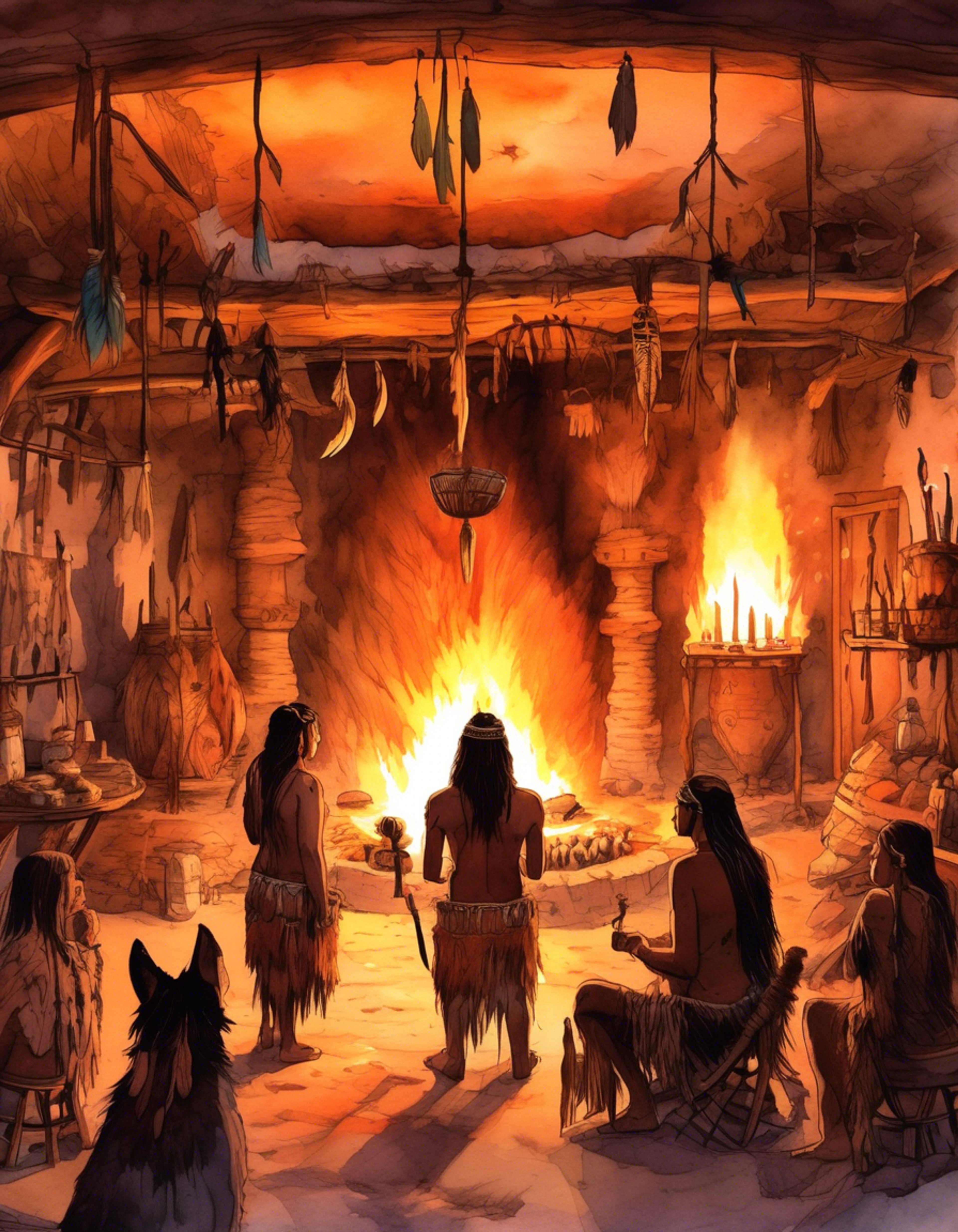 You find yourself facing the imposing figure of Chief Powhatan in his tribal dwelling, tension thick in the air. His commanding presence fills the space as he towers before you, his authoritative voice carrying the weight of generations. The atmosphere crackles with unspoken challenge as you stand your ground before this powerful leader.