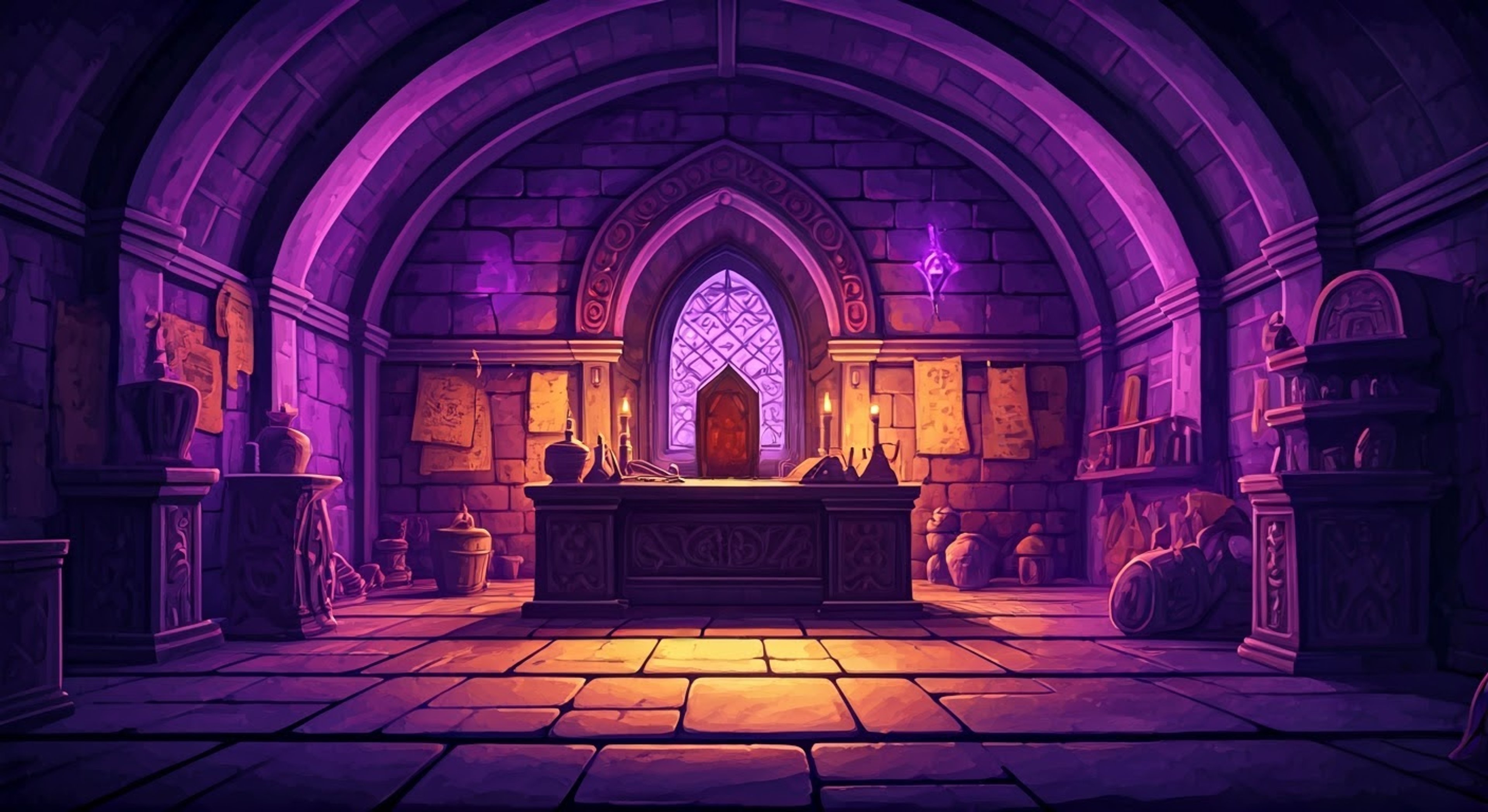 You find yourself in a dimly lit chamber facing the imposing figure of the dark sorcerer, his purple robes swirling with arcane energy as he regards you with cold calculation. Ancient scrolls and magical artifacts line the walls, creating an atmosphere thick with mystical power and unspoken threats. The air crackles with tension as you prepare to match wits and possibly powers with this dangerous adversary.