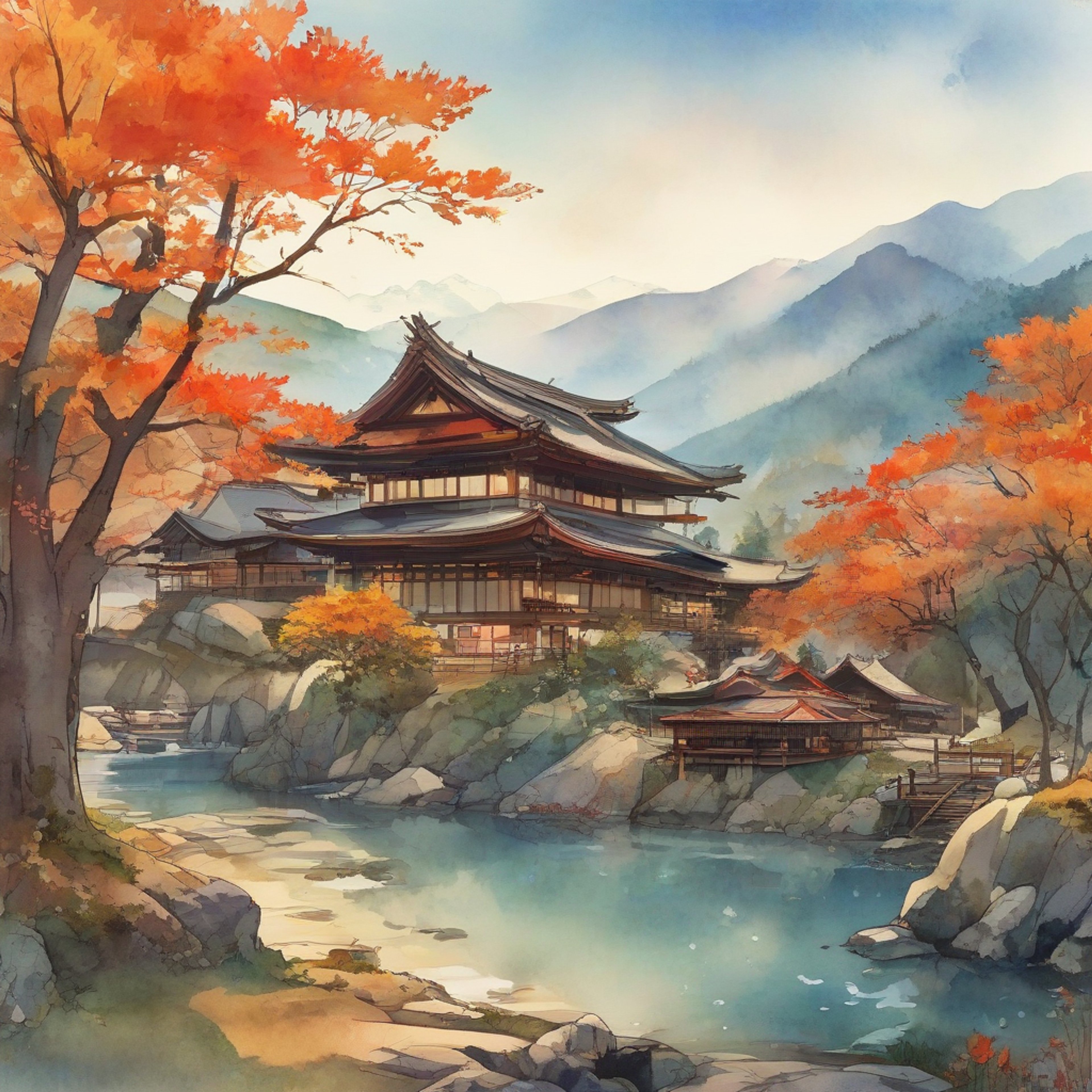 You find yourself sharing a tranquil moment with the notorious warlord Motonari at a secluded mountain retreat. The autumn leaves dance on the breeze as steam rises from the outdoor bath. Despite his fearsome reputation, there is a surprising gentleness in his demeanor as you both escape the chaos of war.