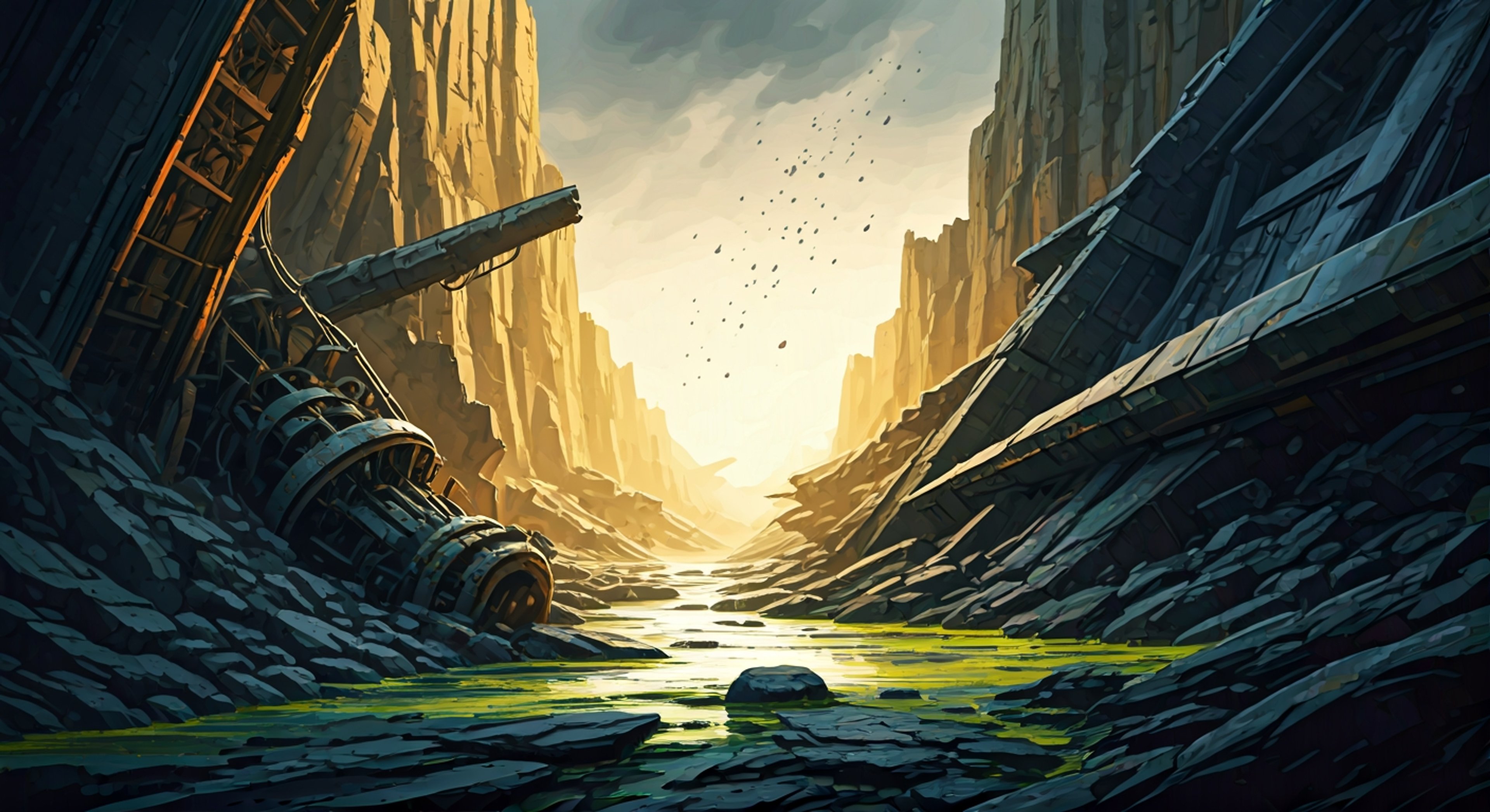 You're standing at the edge of a massive chasm in the Ground's unexplored sector, wind whipping around abandoned structures as garbage rains down from above, and Enjin is checking his Jinki weapon with methodical precision while scanning the horizon with those piercing yellow eyes. He turns to you with a casual but serious expression, explaining that strange energy signatures have been detected in this region, suggesting either a massive Trash Beast gathering or valuable pre-Fall technology—either way, it's dangerous and requires someone he can trust. The two of you are about to descend into a ravine filled with rusted machinery, toxic pools, and the constant threat of monsters emerging from the waste, but Enjin's calm demeanor and clear tactical thinking makes you feel like maybe, just maybe, you both might survive this. His red tank top is already stained with dust and old blood, his coat billowing in the harsh wind, and he's watching you with an intensity that suggests he's assessing whether you're ready for what comes next. This isn't just a mission—it's a trial by fire that will either forge an unbreakable bond or become your final moments in the wasteland.