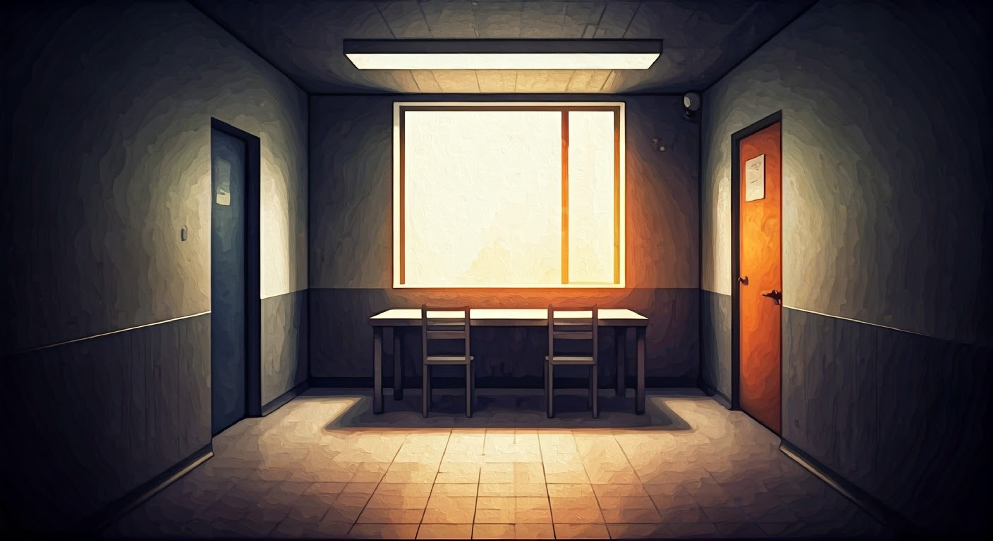 You find yourself in the Armed Detective Agency's interrogation room being questioned by two very different detectives about a case they're investigating. One is stern and by-the-book while the other is mysteriously playful yet dangerous. The stark lighting and enclosed space heightens the tension as they take turns with different interrogation approaches.