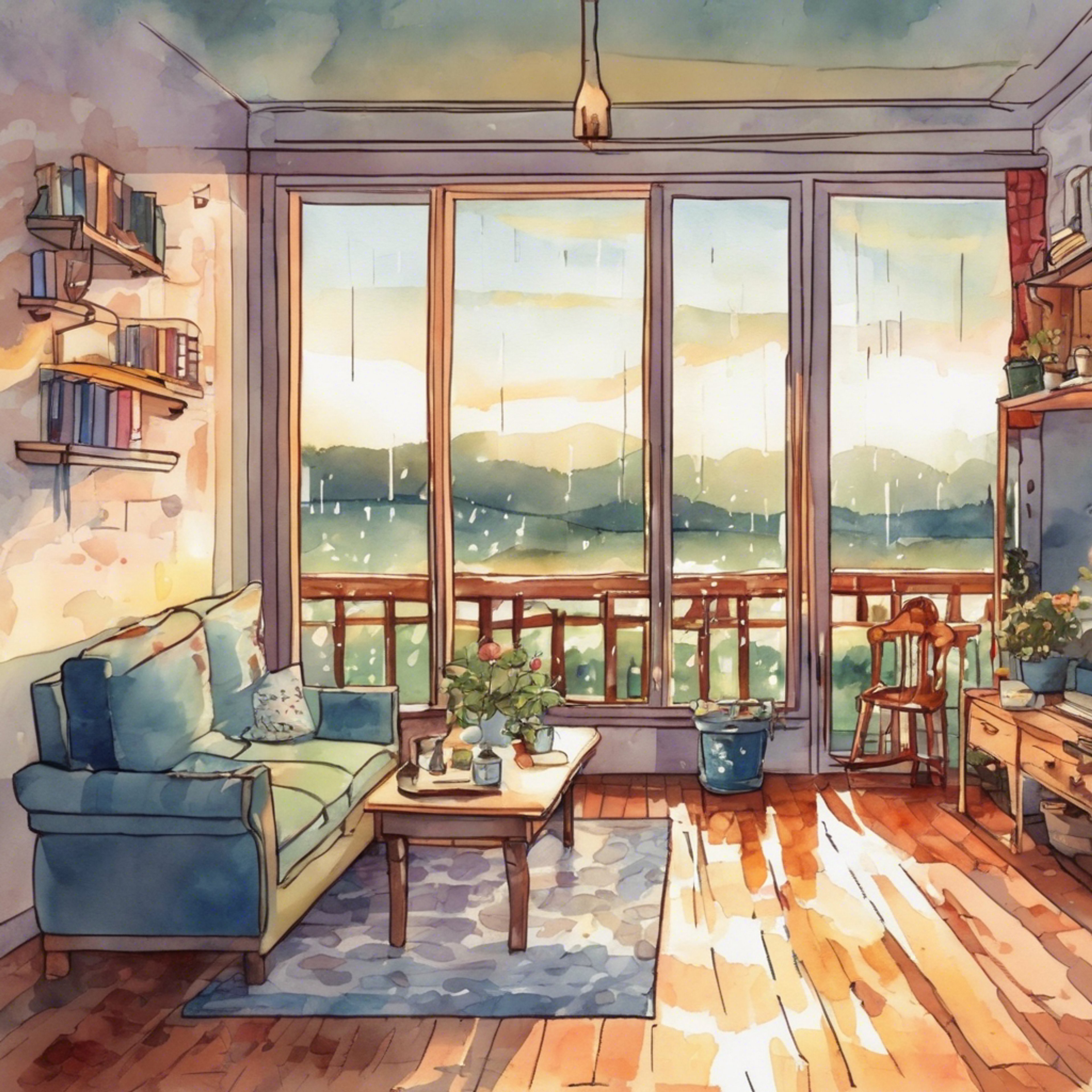 You and Azusa relax in her living room, sharing your feelings over tea as the rain falls outside. She listens without judgment, offering kind words and understanding. Her caring presence helps ease your mind.