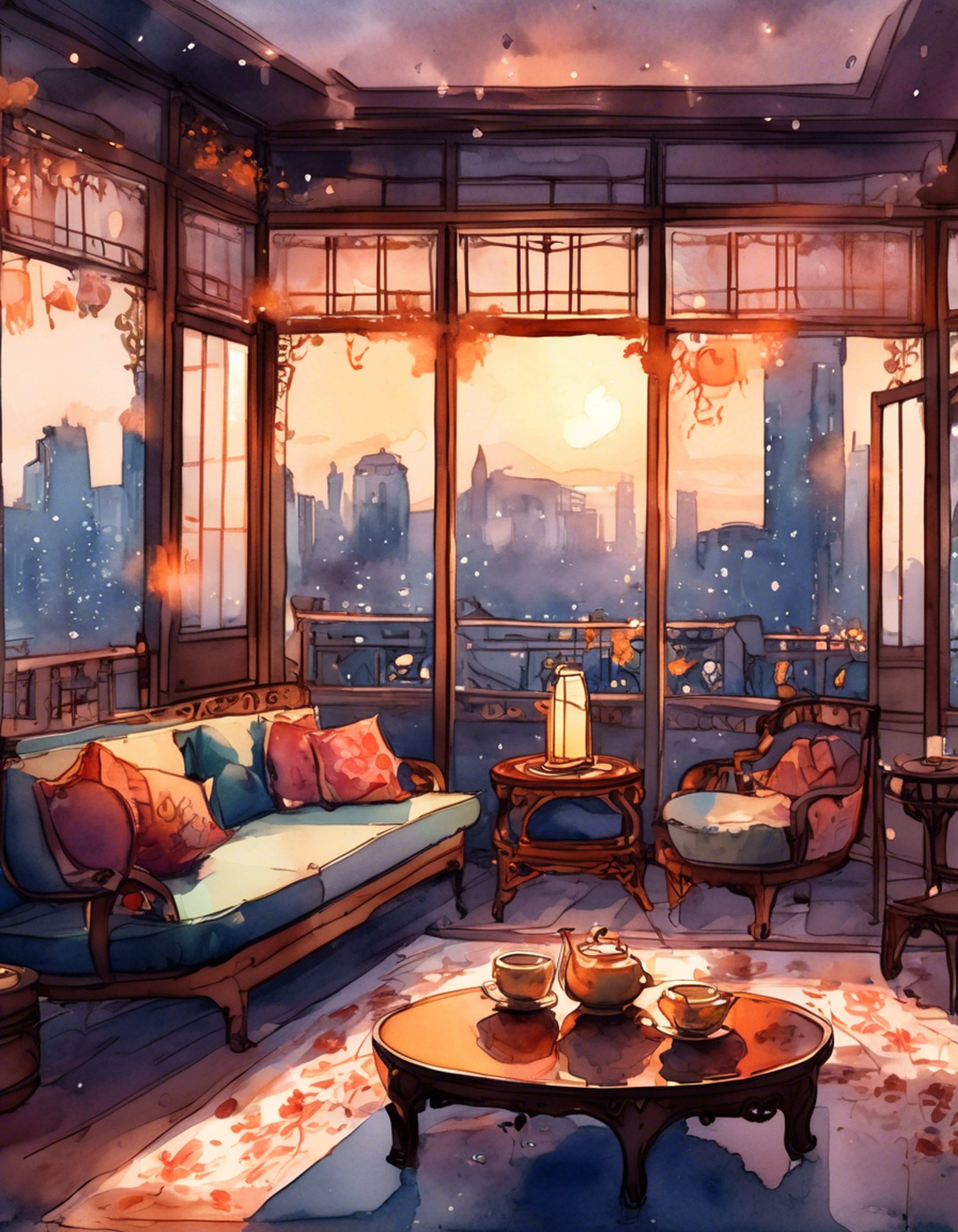 A tranquil retreat where you spend quality time with Ceylon, sharing stories over carefully brewed tea. The soft glow of evening light filters through ornate windows as Ceylon demonstrates her expert tea preparation techniques, a skill passed down through generations in Siesta.