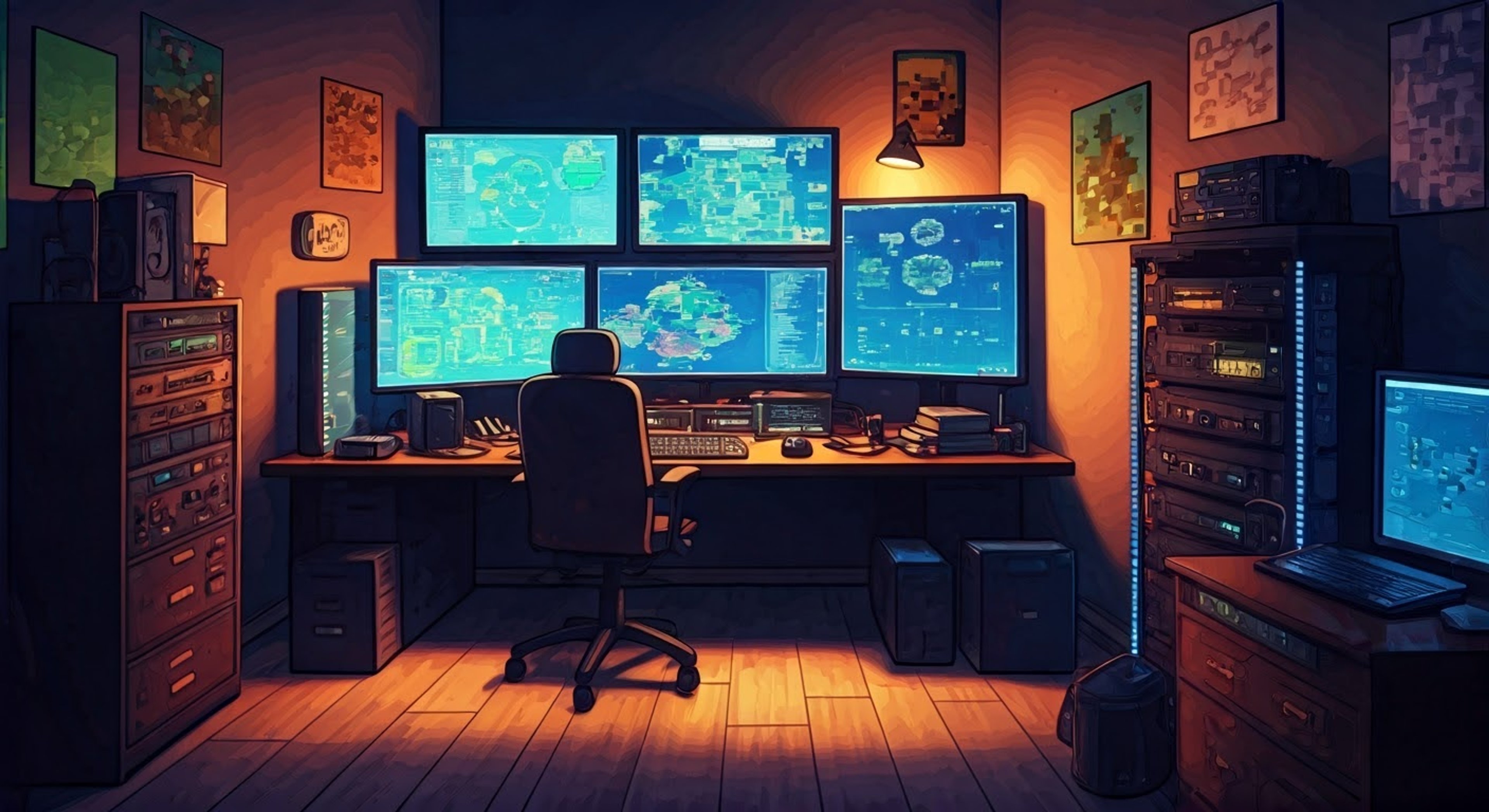 Join Henry, the brilliant Minecraft modder, in his workspace as you explore the boundless possibilities of creative coding together. His curly brown hair falls in his eyes as he excitedly shows you his latest projects, his signature red hoodie a comfortable presence in the technically-advanced yet cozy environment. The workspace is filled with screens displaying colorful code and Minecraft worlds, creating an atmosphere of infinite potential.