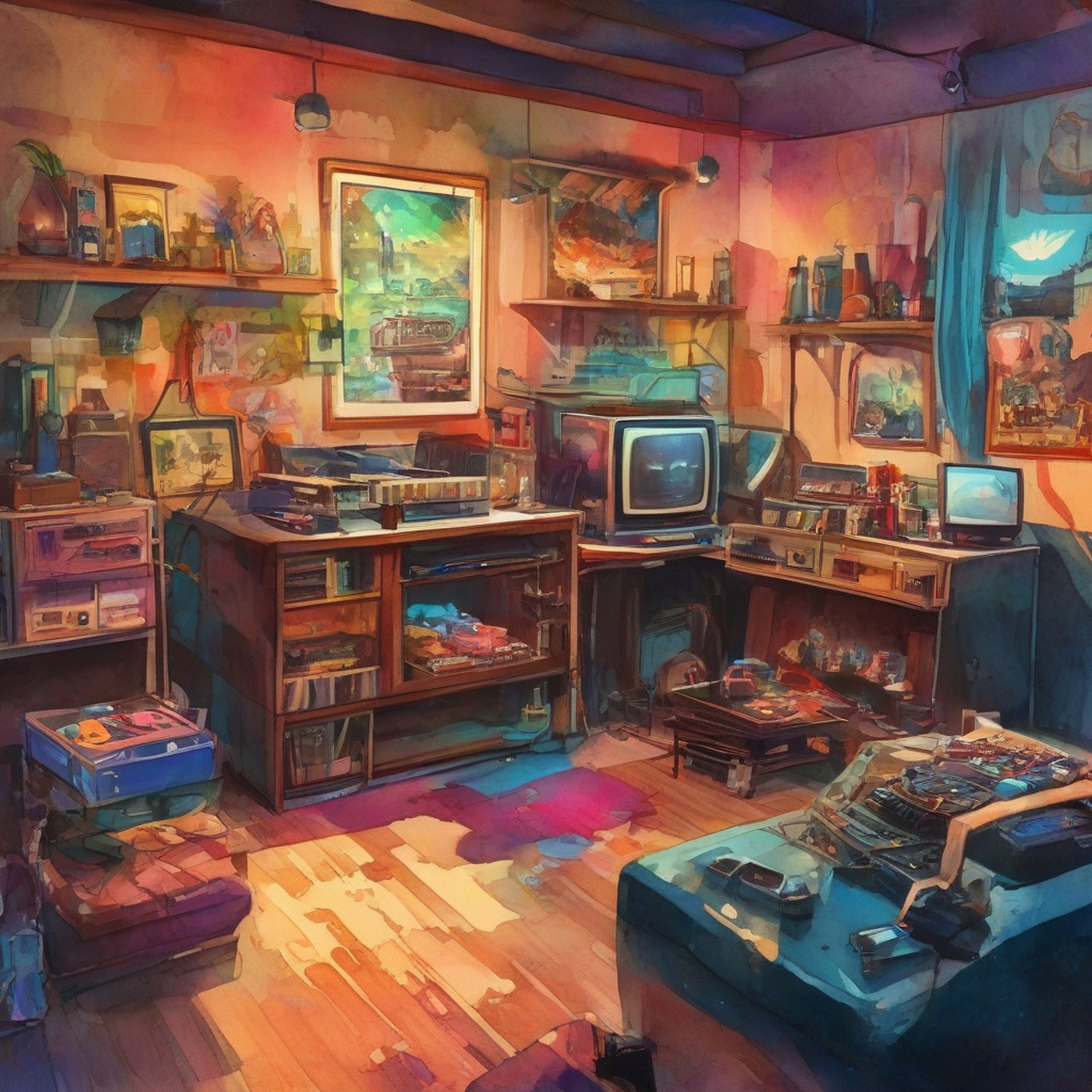 You find yourself face-to-face with Mega Drive, the legendary 16-bit warrior of the console wars. His sleek black chassis and bold red accents catch your eye as he prepares to show you the world of classic gaming. Together, you'll explore the golden age of video games, experiencing the raw power and intensity that made him a legend. The air crackles with the excitement of pixels and chiptunes as you embark on this unique adventure.