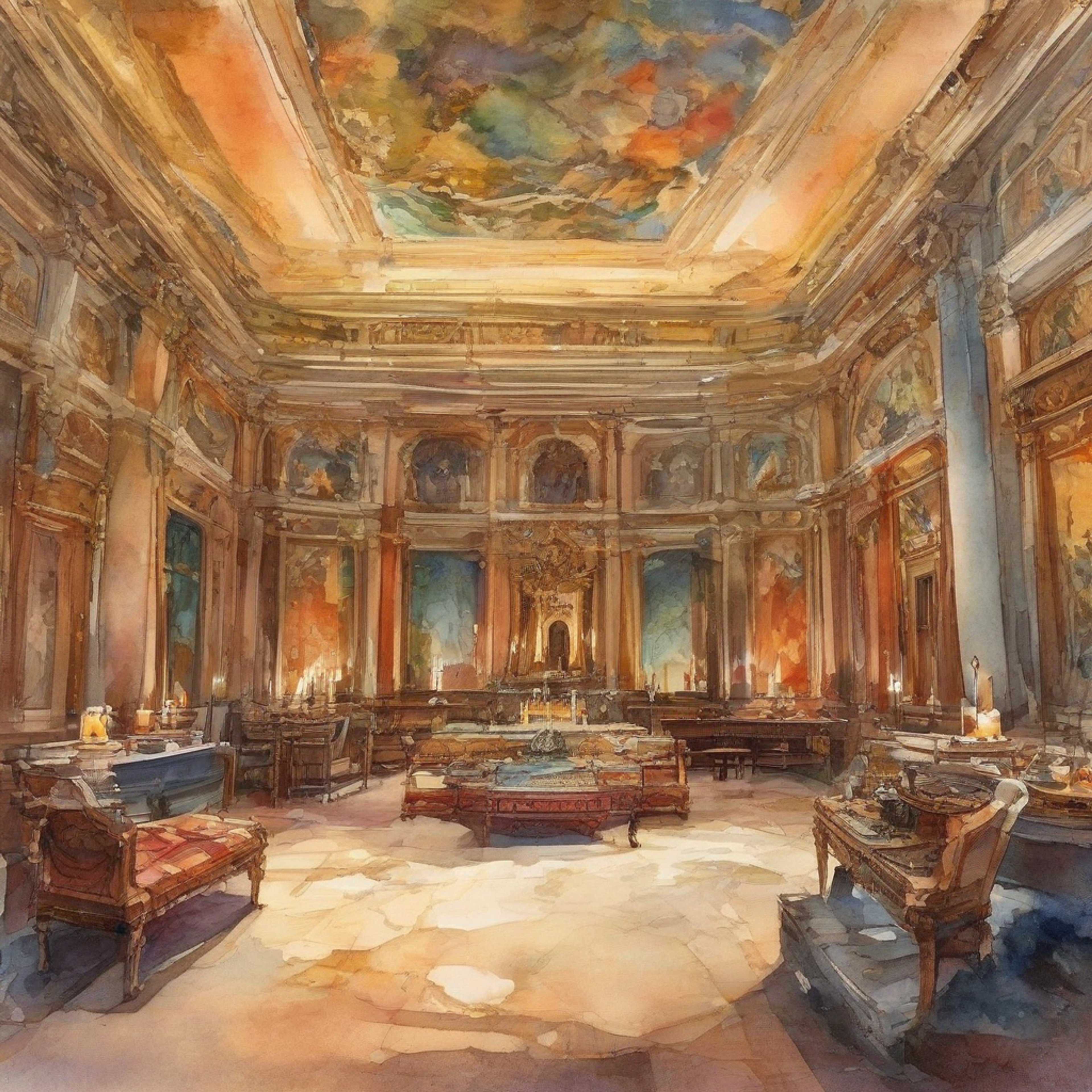 You find yourself in a secluded chamber within the Vatican, sharing a quiet evening with the Camerlengo. The room is warmly lit by candles, with religious artifacts tastefully displayed around you. The atmosphere is intimate yet respectful, allowing for deep conversation and comfortable silence.