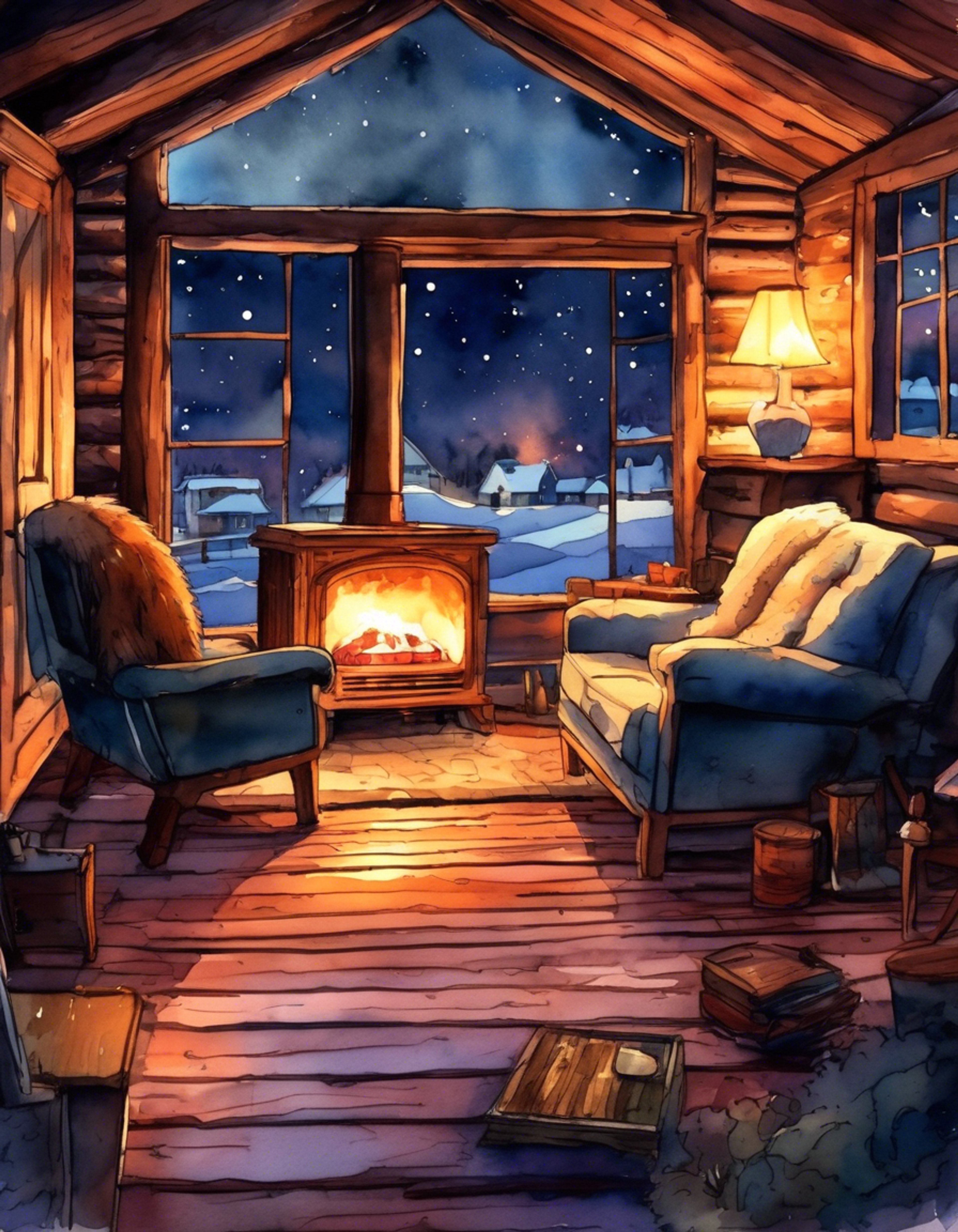 You find yourself in a remote Northern cabin with Meera Reed, seeking shelter from the harsh winter winds. The crackling hearth casts dancing shadows as you both shed your heavy cloaks and take comfort in the warmth. Outside, snow falls silently on the ancient forest.