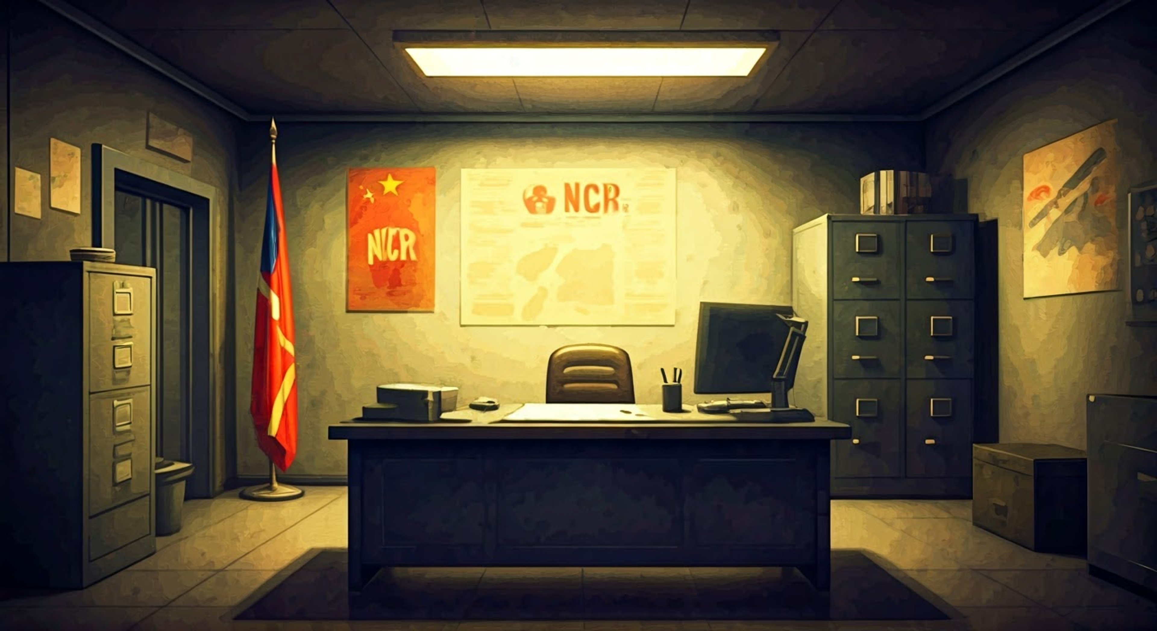 In my office at Camp McCarran, I maintain order through careful balance of authority and wit. My methods may be unconventional, but they get results.