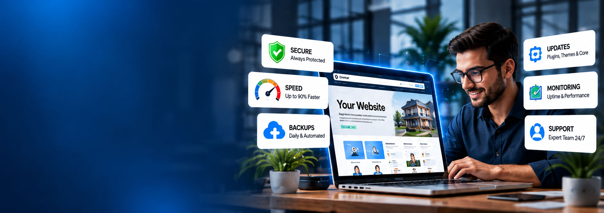 Website maintenance benefits — secure, speed and backup tiles around a laptop