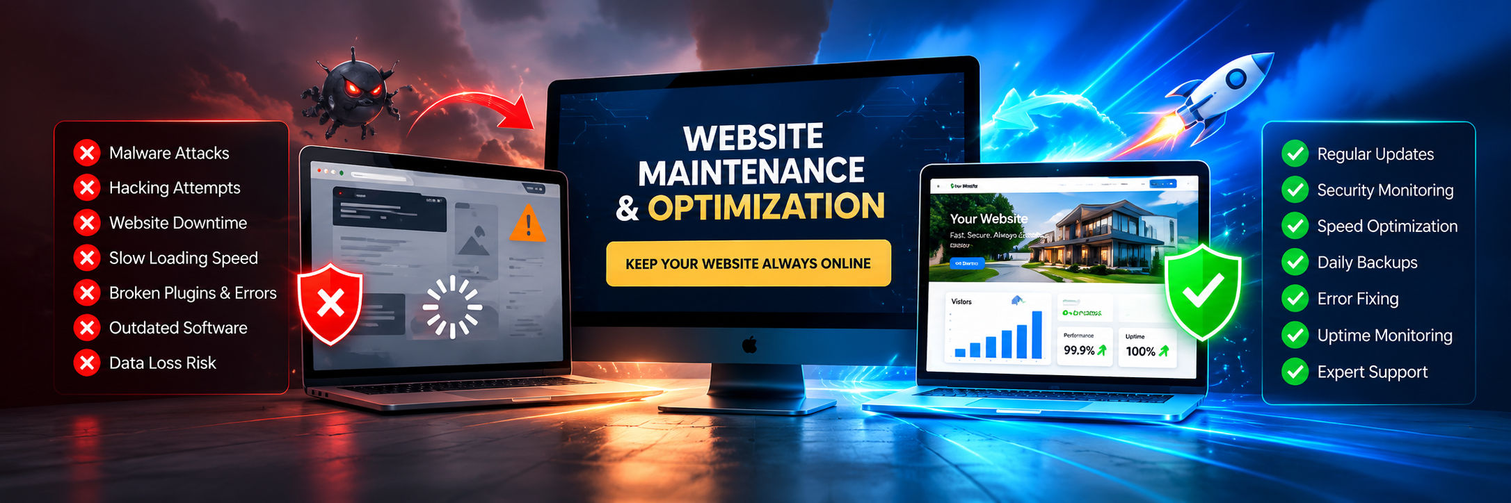 Before: slow, outdated and vulnerable website — after: fast, secure and high performing