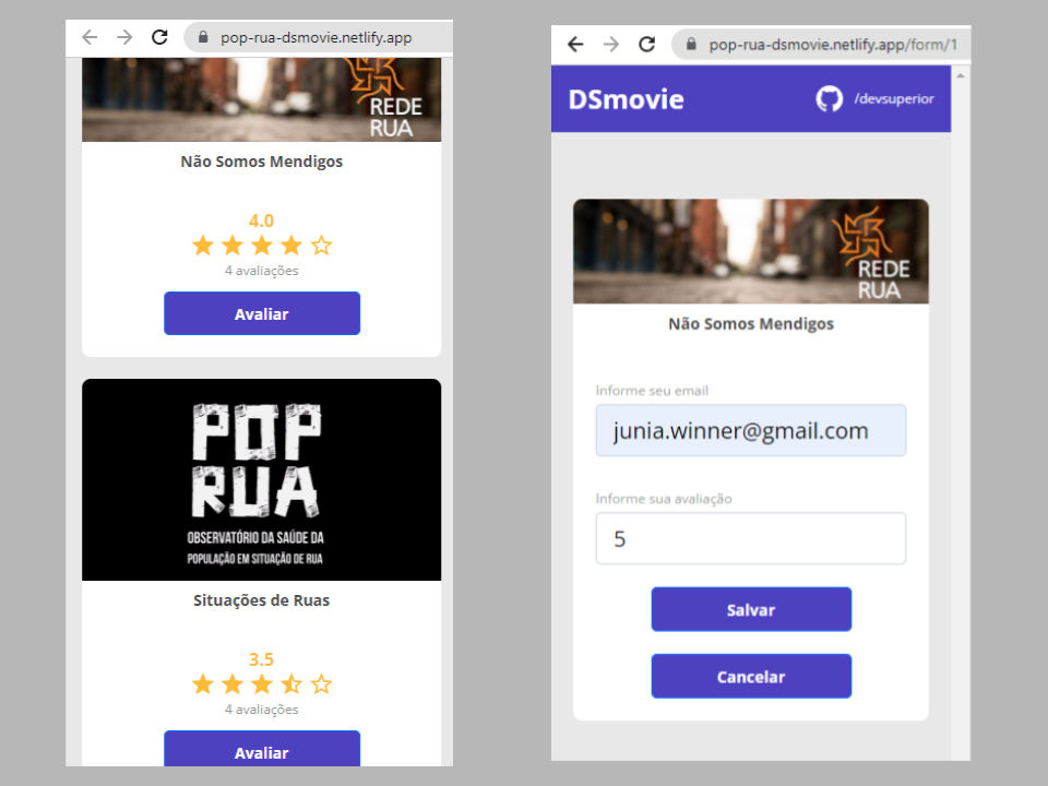 Avaliação de documentários no layout mobile