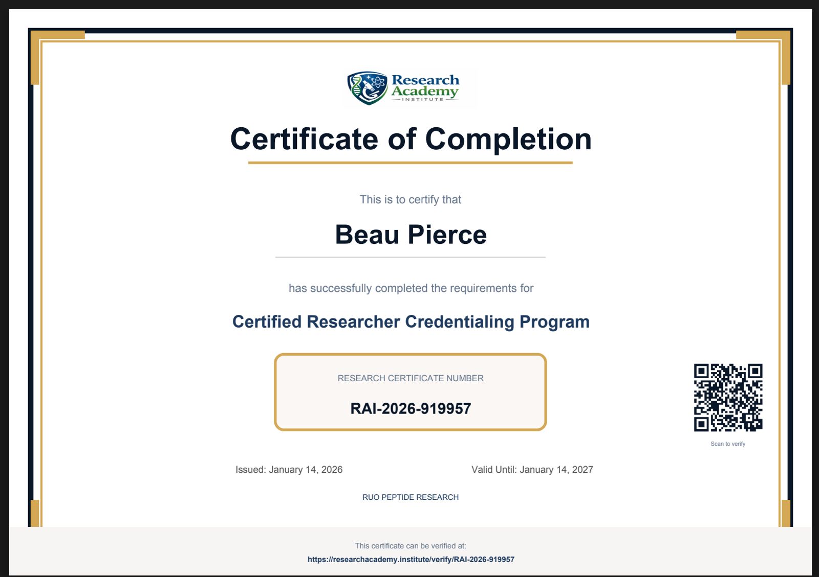Certified Researcher Credentialing Program Certificate