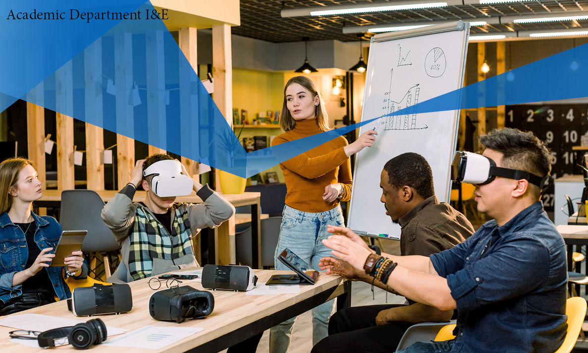 Young woman who is the leader of the project speaking to her colleagues standing near the white board. Diverse team wearing virtual reality glasses in office sitting at the table in an entrepreneurial and innovative enviroment.