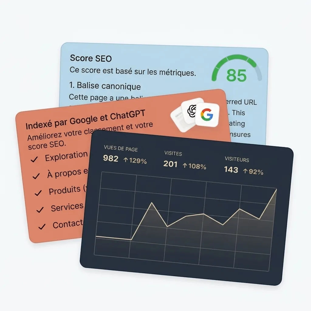 Illustration du référencement sur Google et ChatGPT, avec score SEO et graphique de trafic web