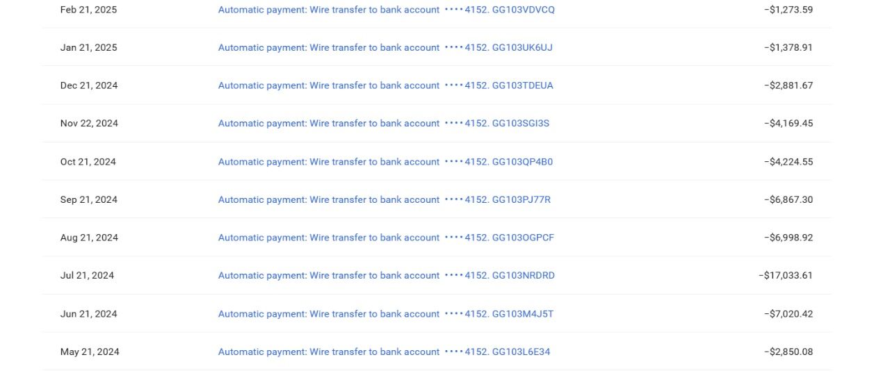 Payment history showing consistent revenue from $2,850 to $17,033