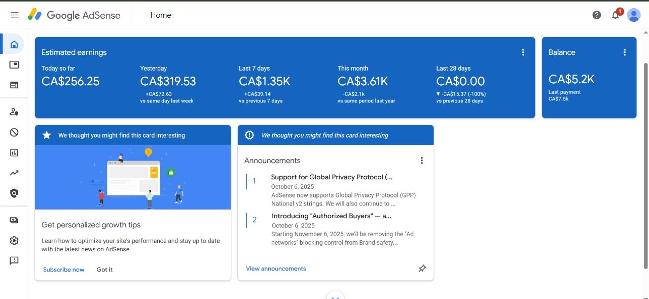 Estimated earnings dashboard showing CA$256 today and CA$3.61K this month