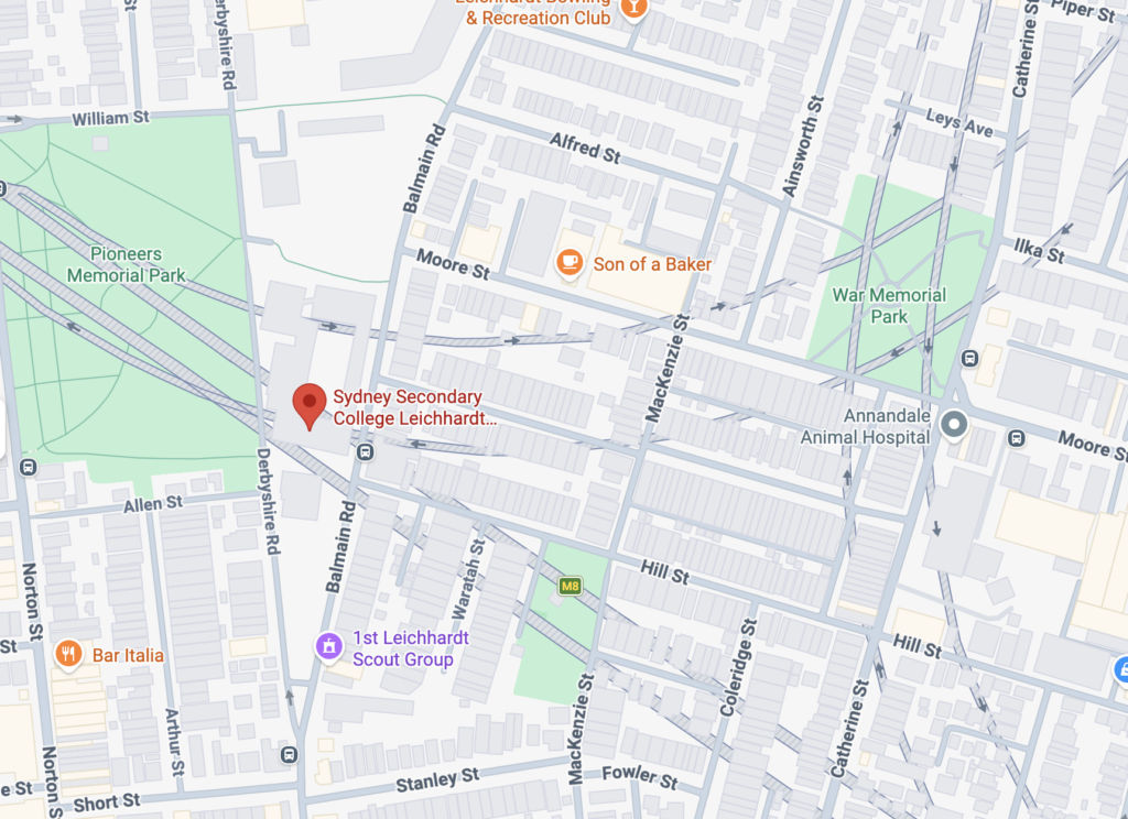 Map showing Sydney Secondary College Leichhardt Campus where ProBall MiniBall basketball sessions run.