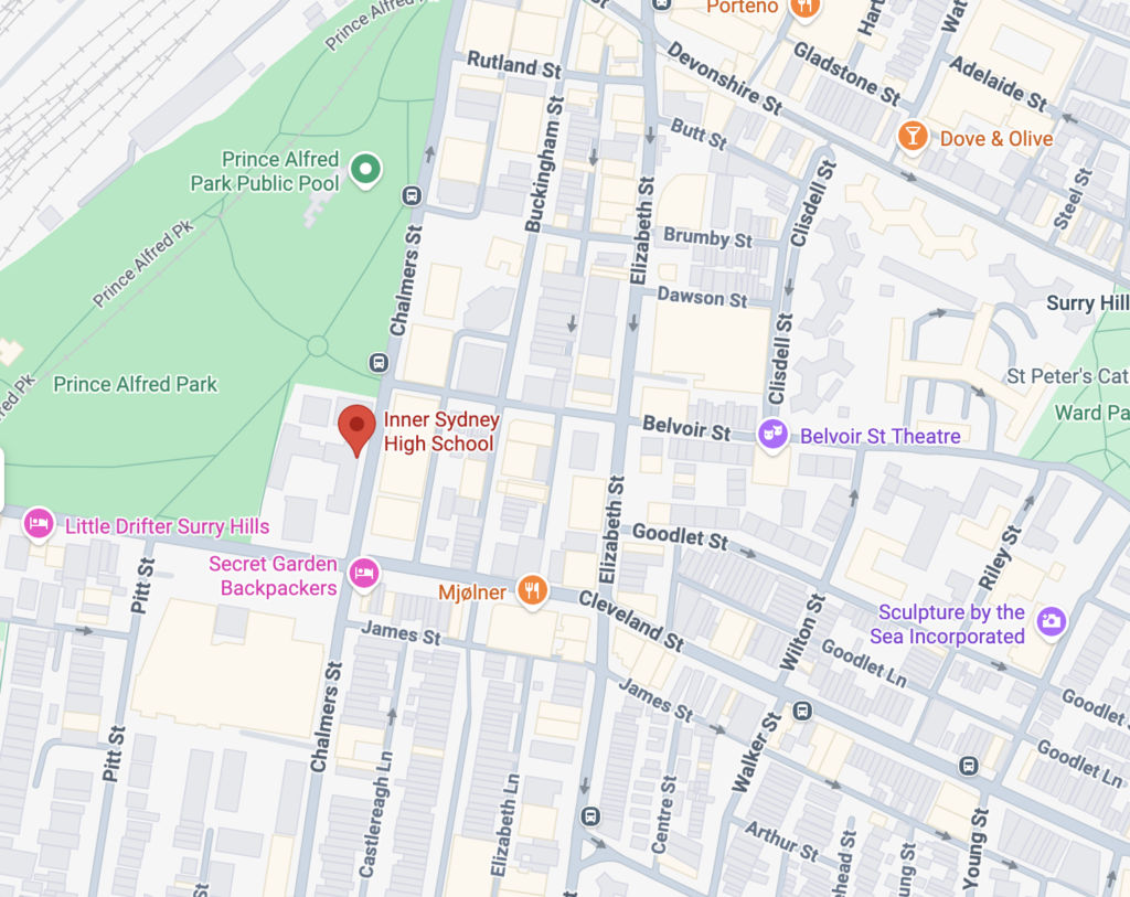 Map showing Inner Sydney High School in Surry Hills where ProBall Academy basketball training sessions run.