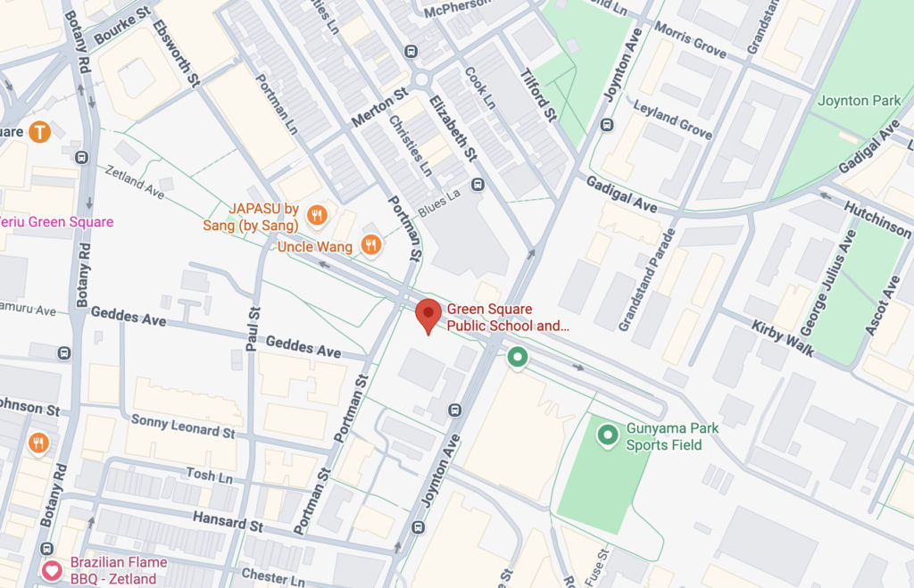 Google map of Green Square Public School Zetland — MiniBall learn to play basketball location.