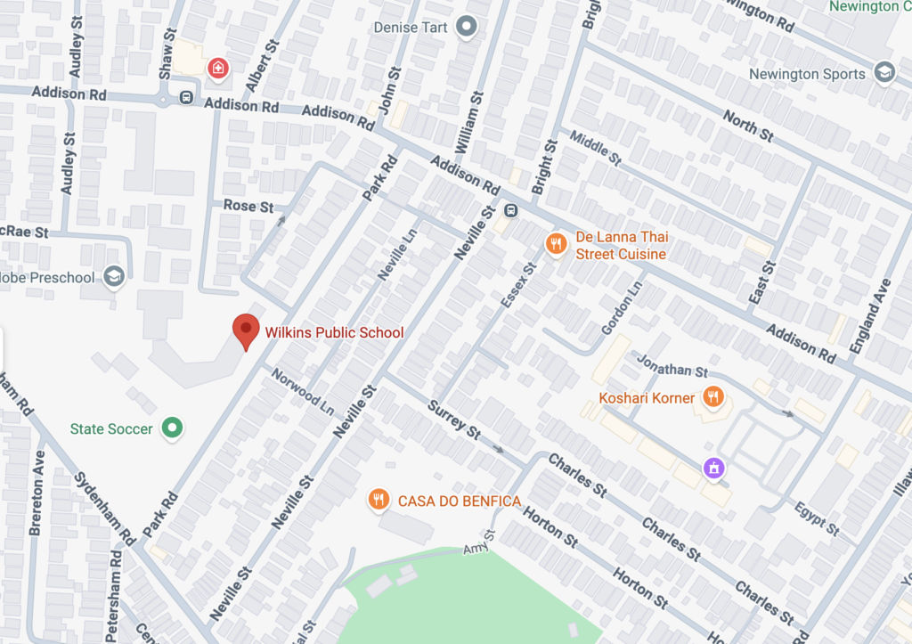 Map showing Wilkins Public School in Marrickville where ProBall Academy basketball training sessions run.