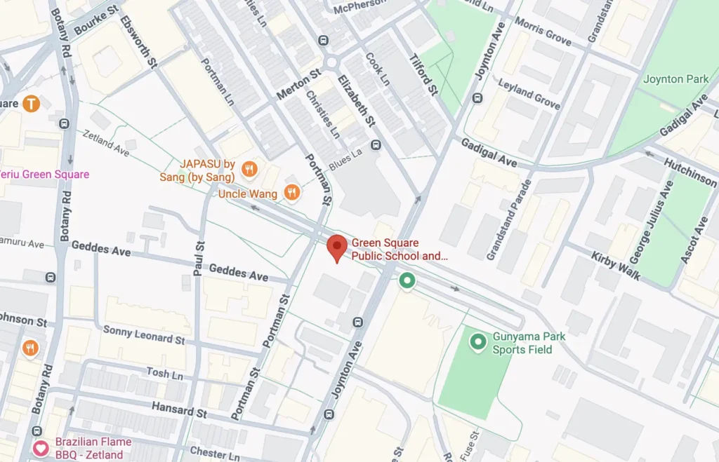 Google map of Green Square Public School Zetland — MiniBall learn to play basketball location.