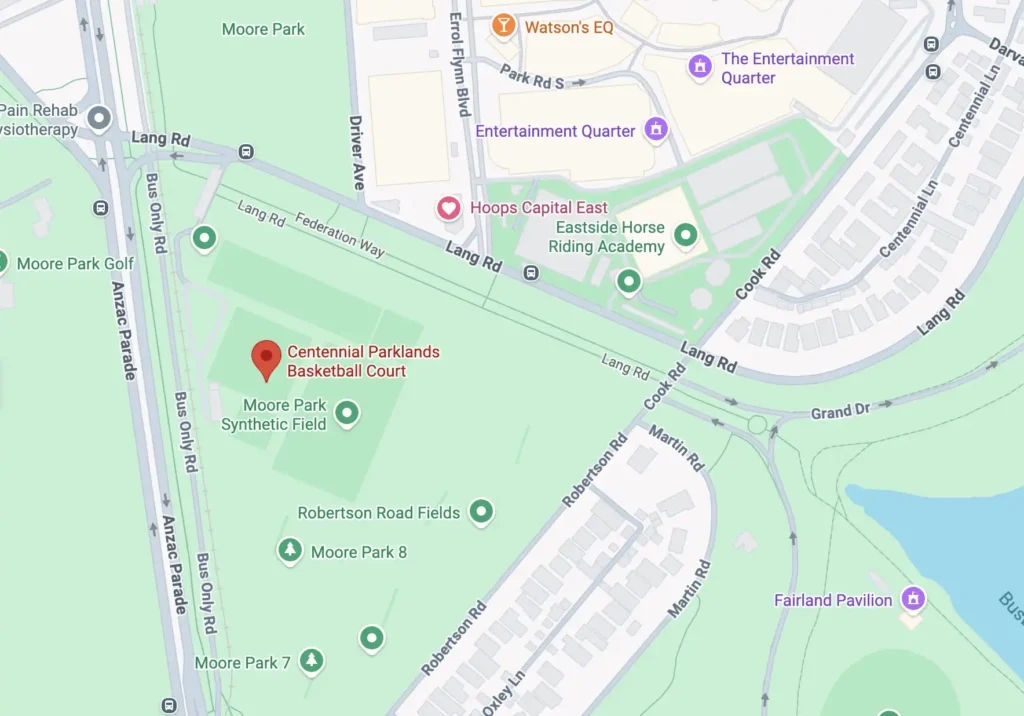 Map showing Centennial Parklands basketball court in Sydney where ProBall Academy training sessions run.