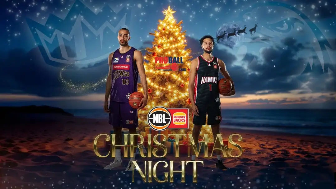 Kings and Hawks members at an NBL game with the ProBall logo.