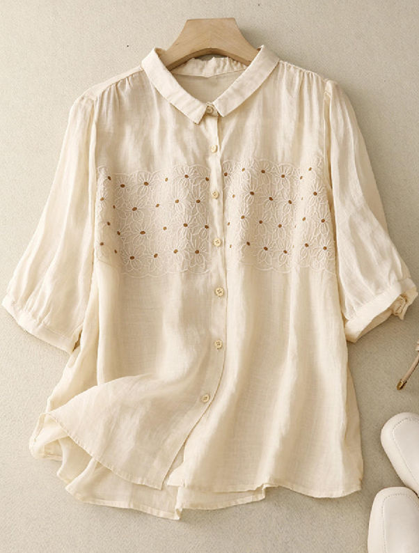 Apricot Lapel Floral Embroidered Half Sleeve Loose Blouse