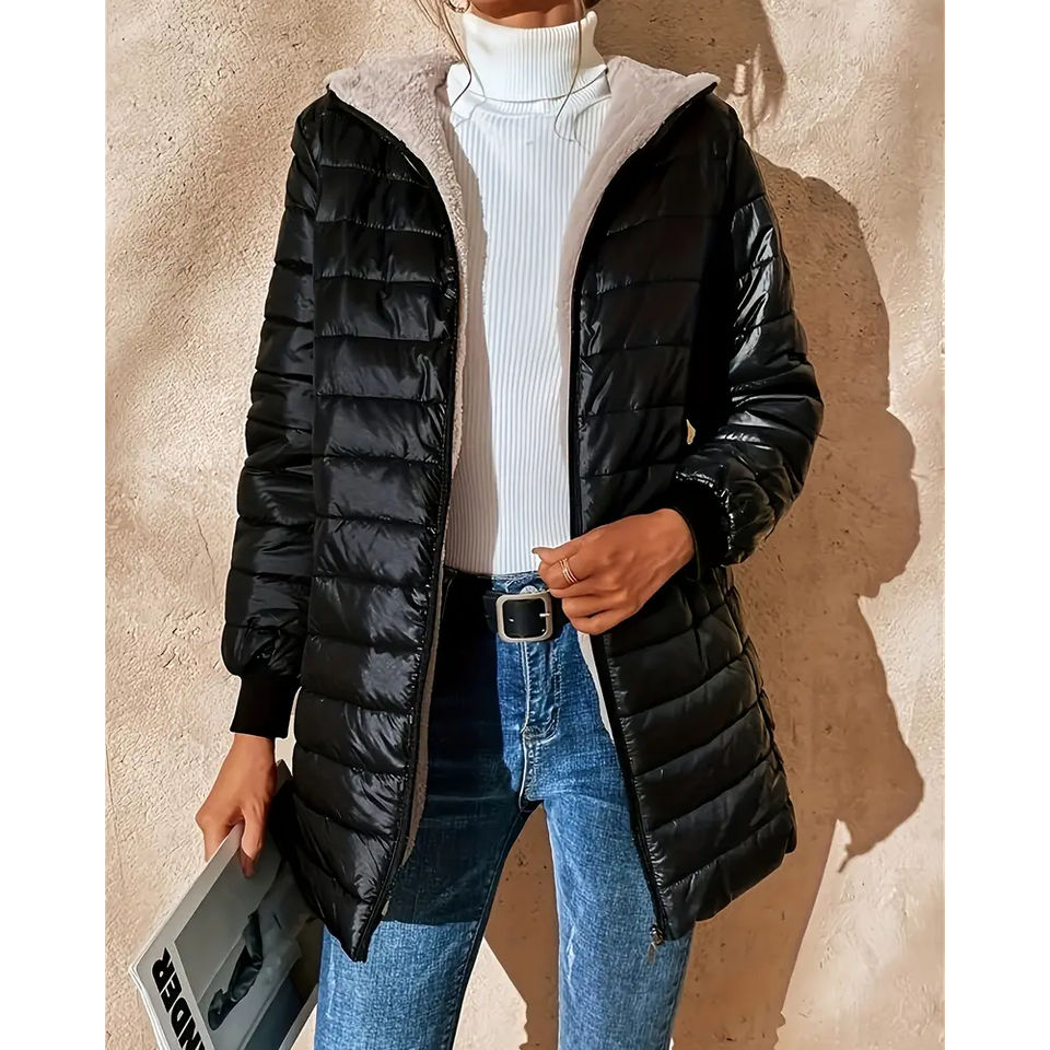 Medium Long Women's Fashion Winter Coat Casual Quilted Hooded Thin Fleece Jackets for Women